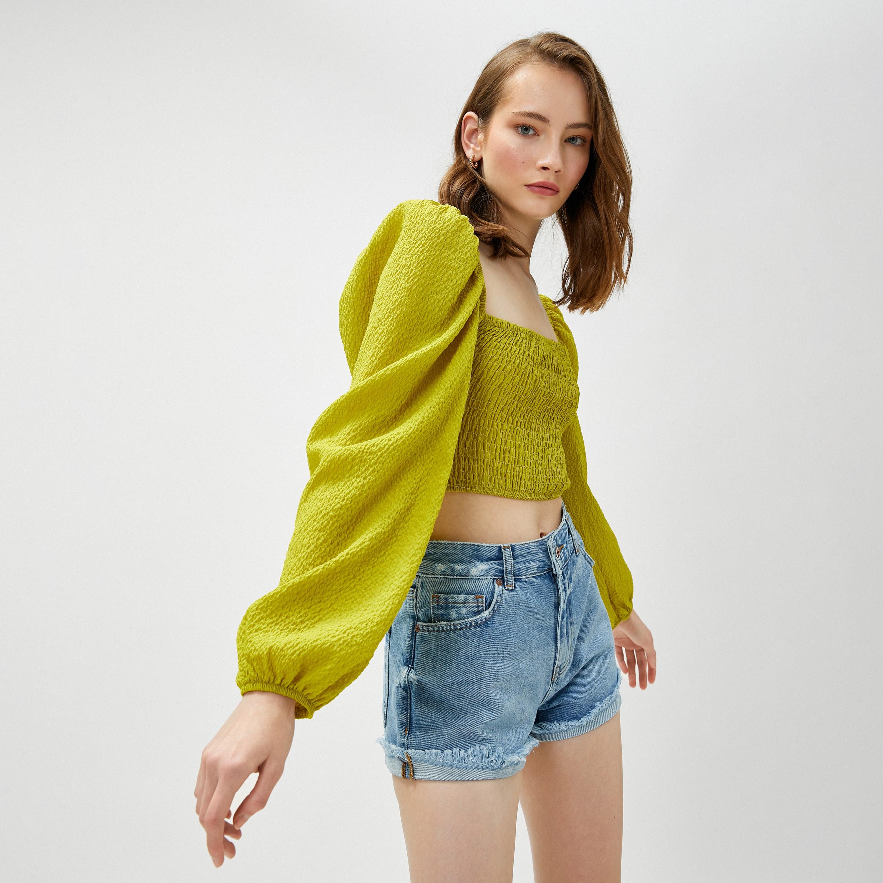 KOTON Green Smocked Square Neck Puff Sleeves Women's Top-women-clothing-shirtsandblouses-blouses-image-2