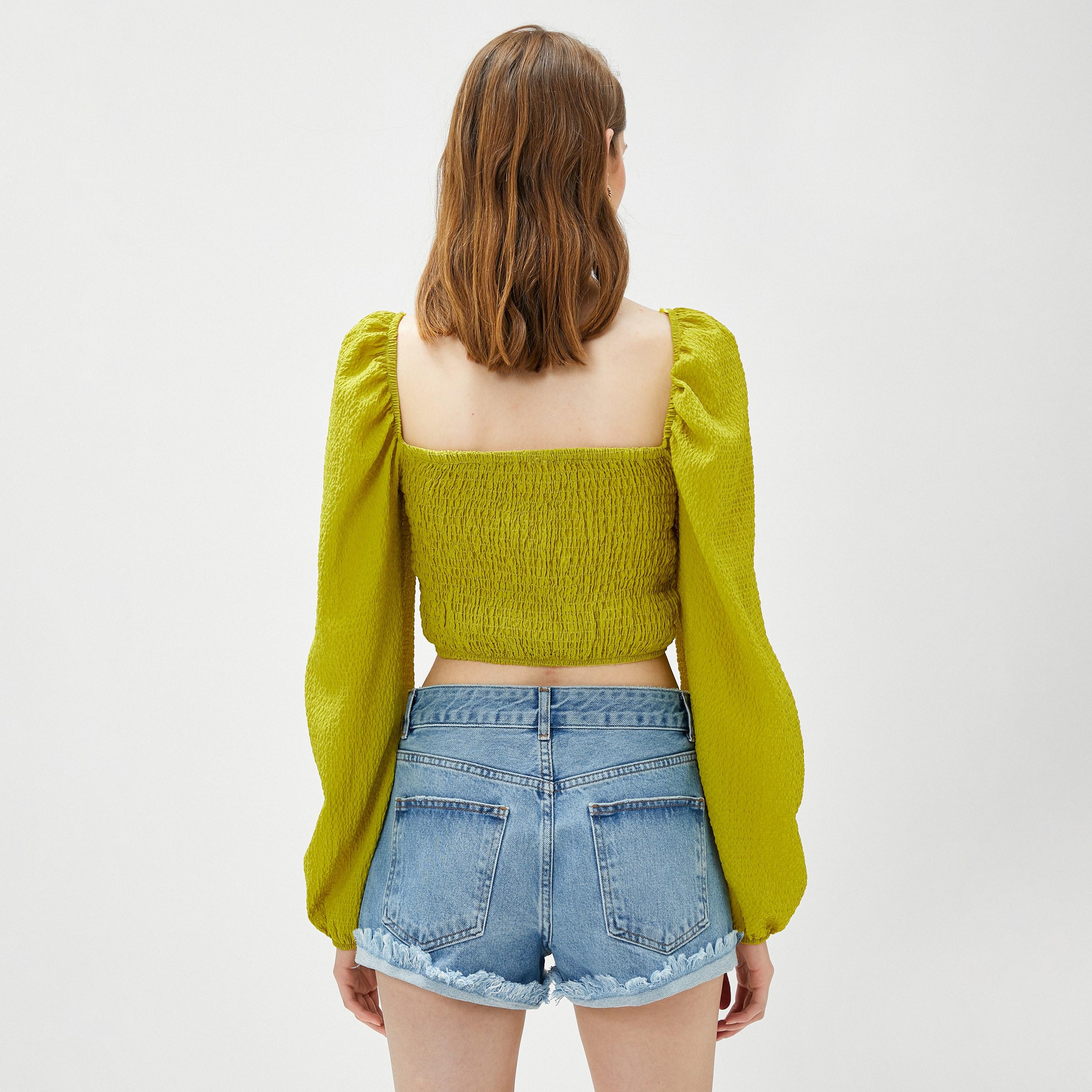 KOTON Green Smocked Square Neck Puff Sleeves Women's Top-women-clothing-shirtsandblouses-blouses-image-3