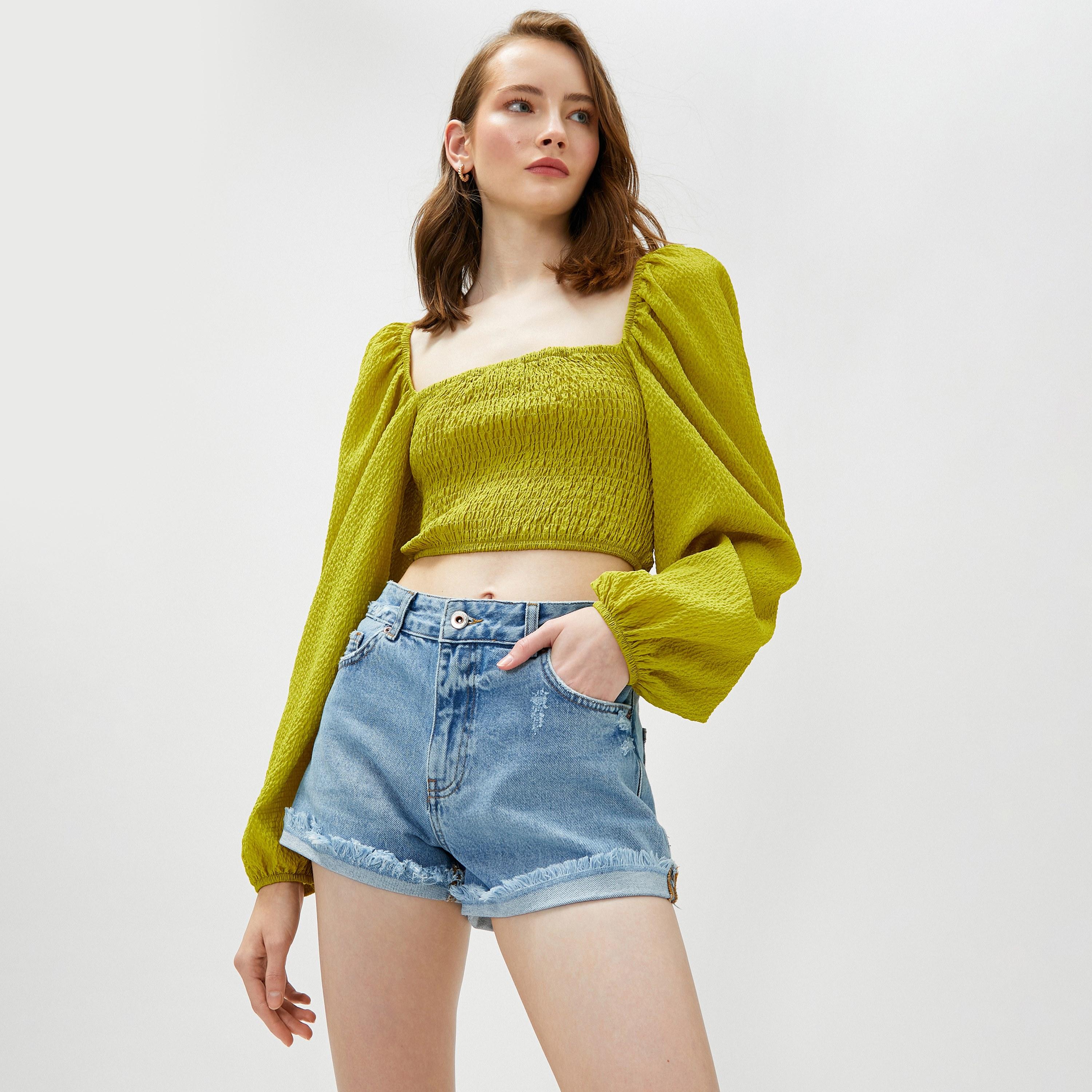 KOTON Green Smocked Square Neck Puff Sleeves Women's Top-women-clothing-shirtsandblouses-blouses-image-4
