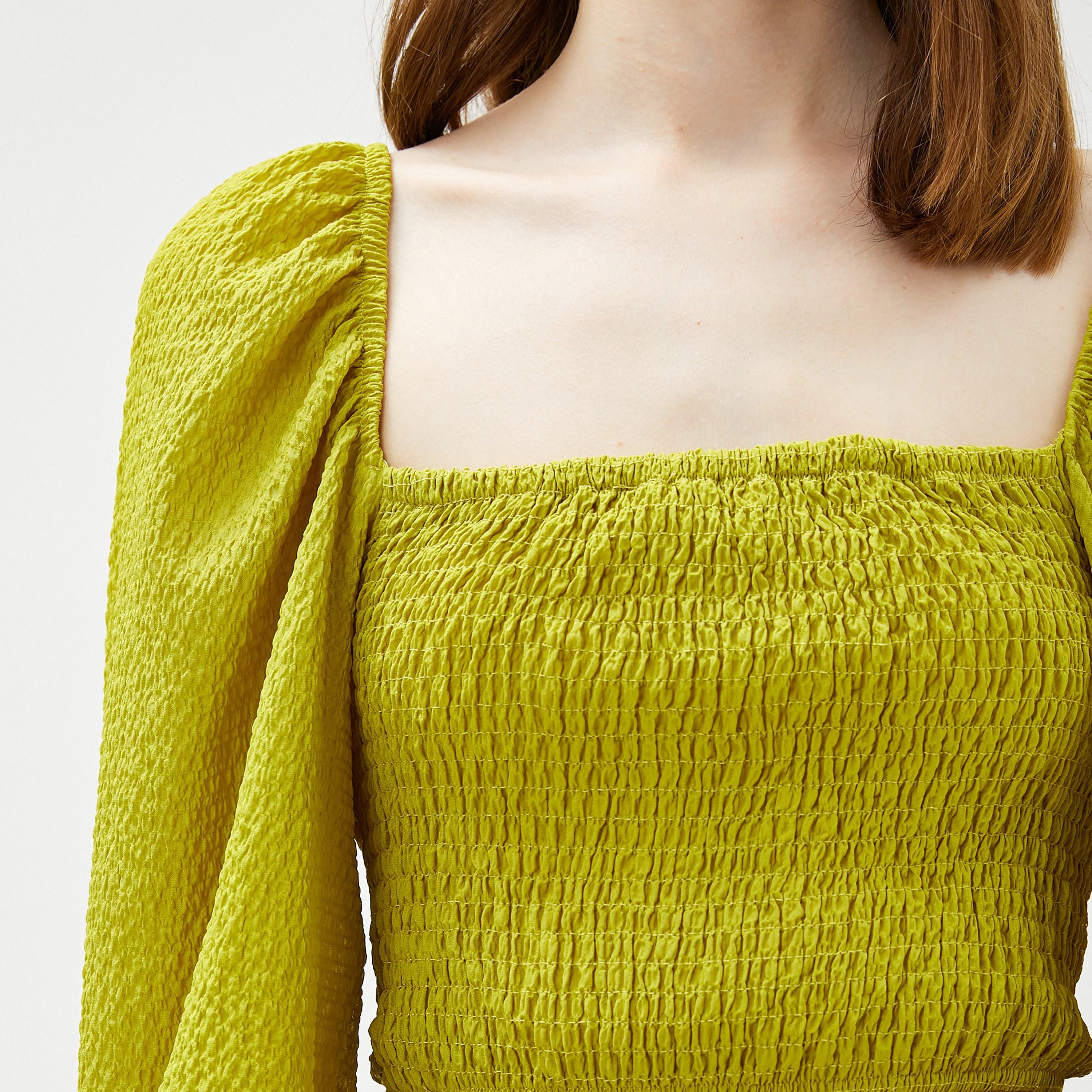 KOTON Green Smocked Square Neck Puff Sleeves Women's Top-women-clothing-shirtsandblouses-blouses-image-5