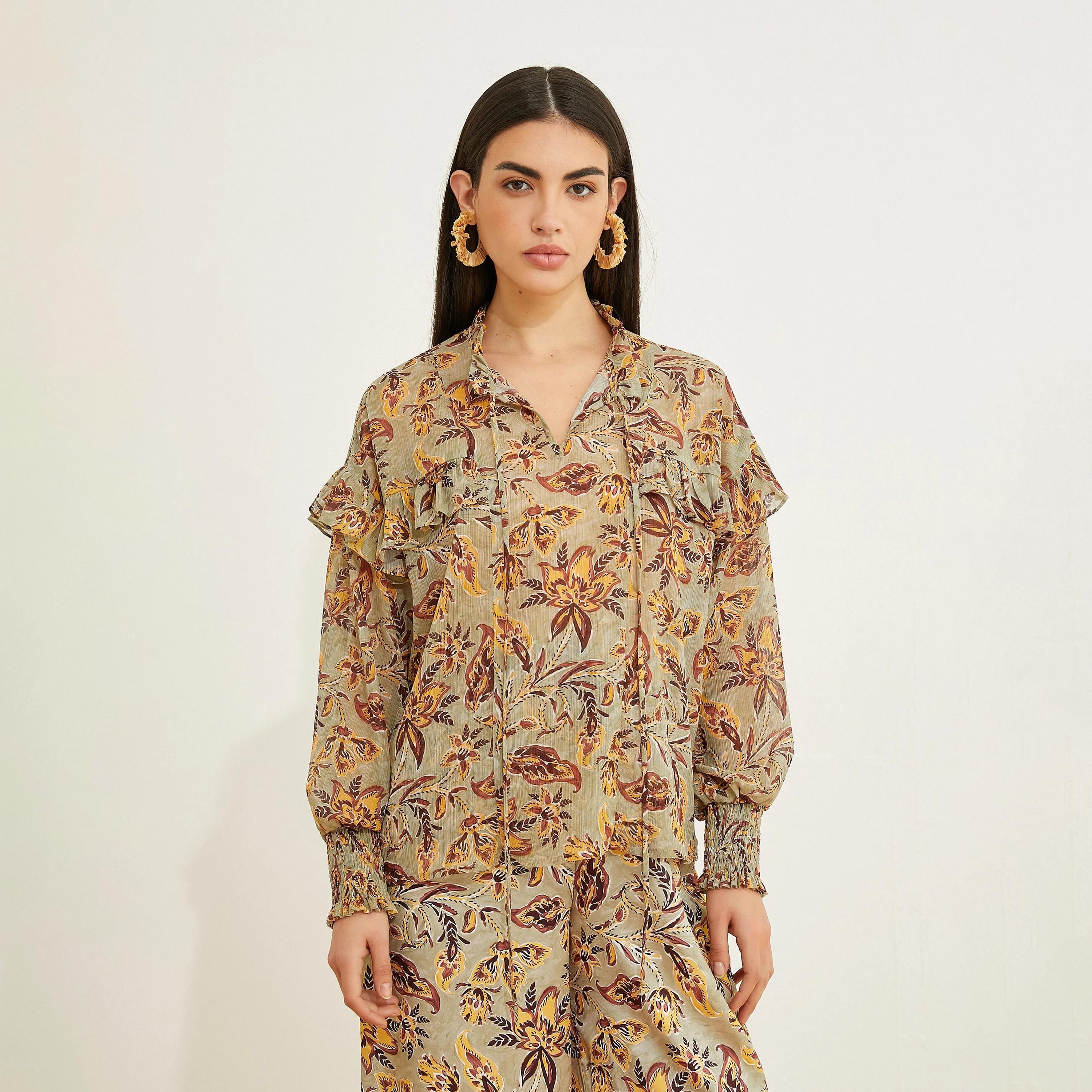 KOTON Brown Floral Tie Neck Smocked Cuff Sleeves Women's Top-women-clothing-shirtsandblouses-blouses-image-1