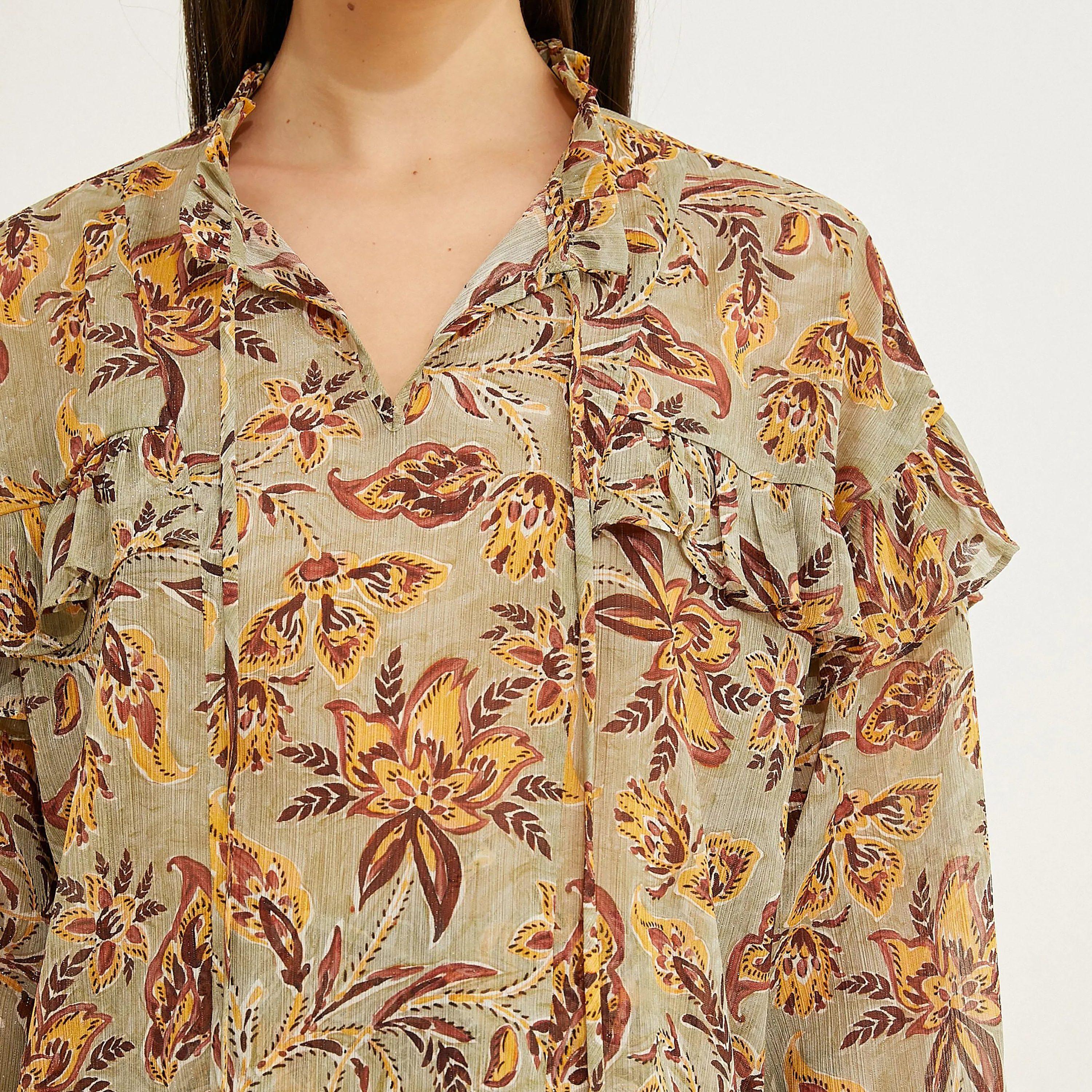 KOTON Brown Floral Tie Neck Smocked Cuff Sleeves Women's Top-women-clothing-shirtsandblouses-blouses-image-4