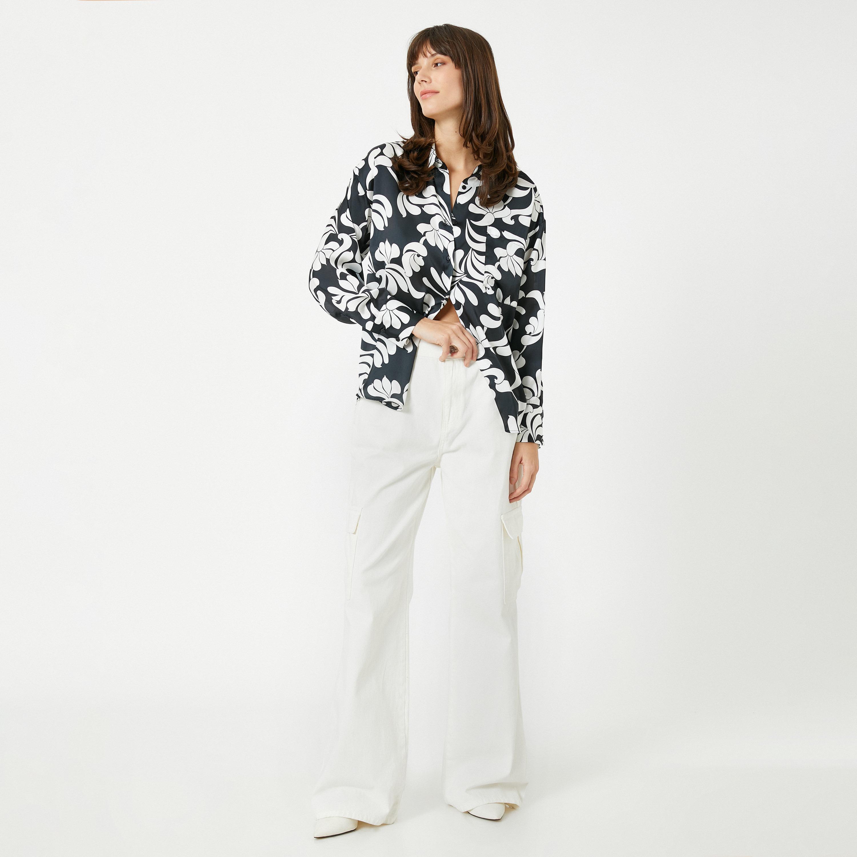 KOTON Black Floral Motifs Print Spread Collar Women's Shirt-women-clothing-shirtsandblouses-shirts-image-2