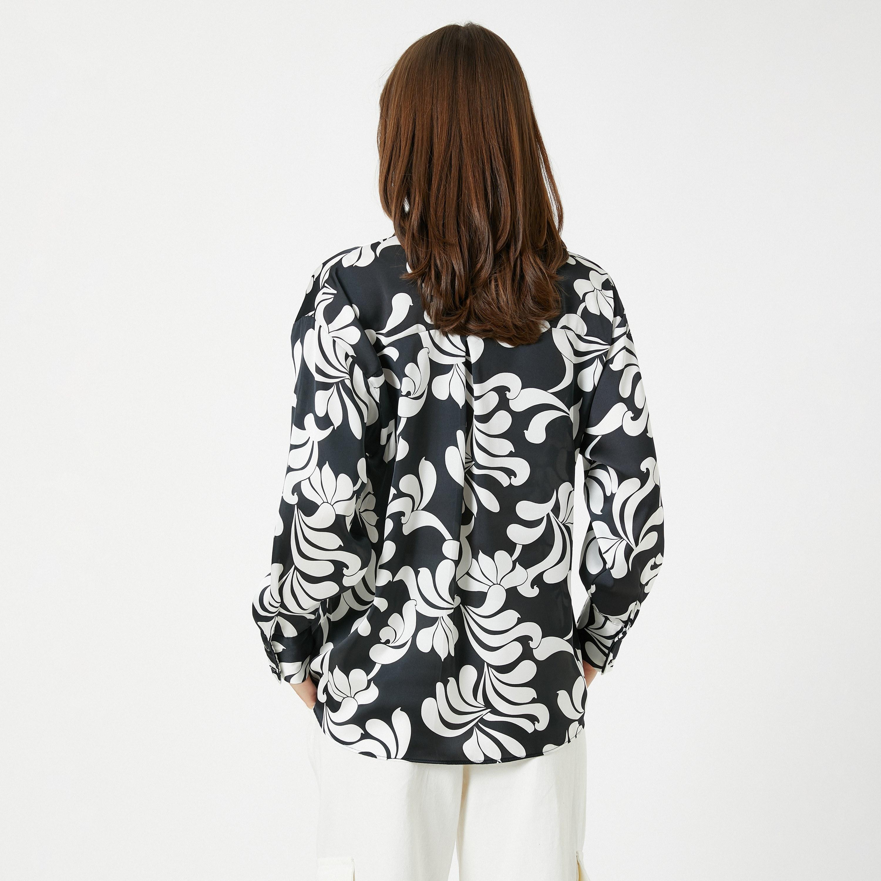 KOTON Black Floral Motifs Print Spread Collar Women's Shirt-women-clothing-shirtsandblouses-shirts-image-3