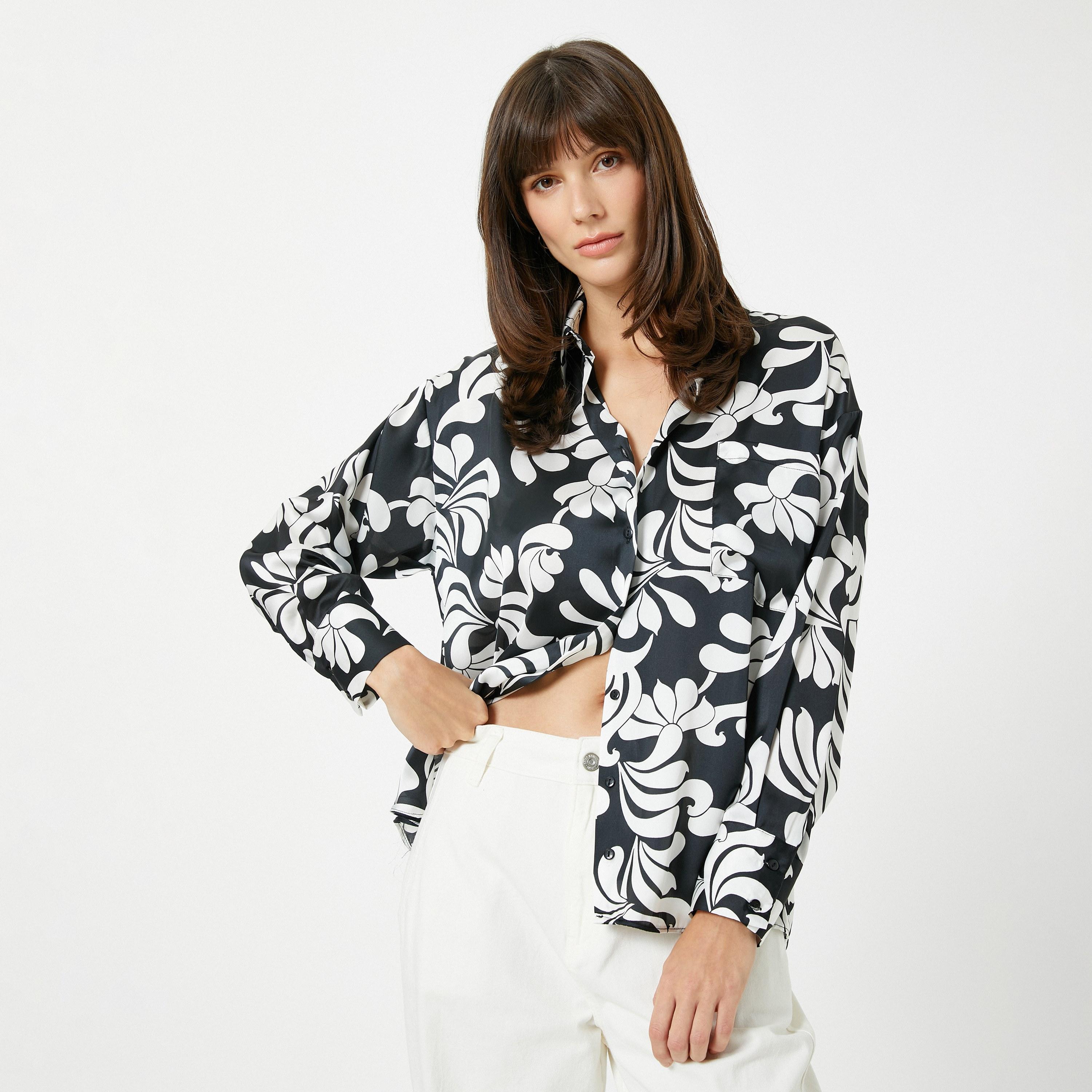 KOTON Black Floral Motifs Print Spread Collar Women's Shirt-women-clothing-shirtsandblouses-shirts-image-4