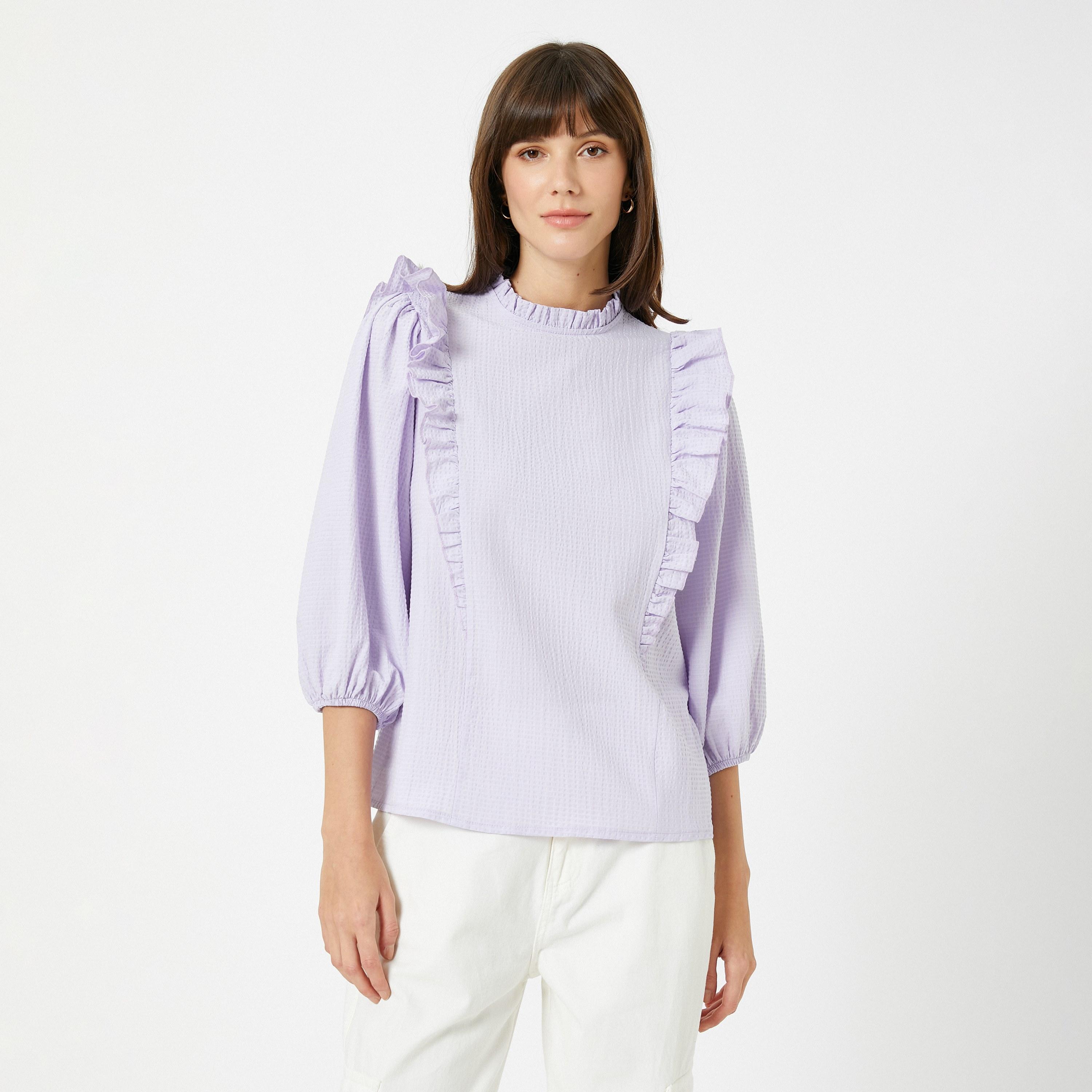 KOTON Lavender Textured Ruffled High Neck Puff Sleeves Women's Top-women-clothing-shirtsandblouses-blouses-image-1