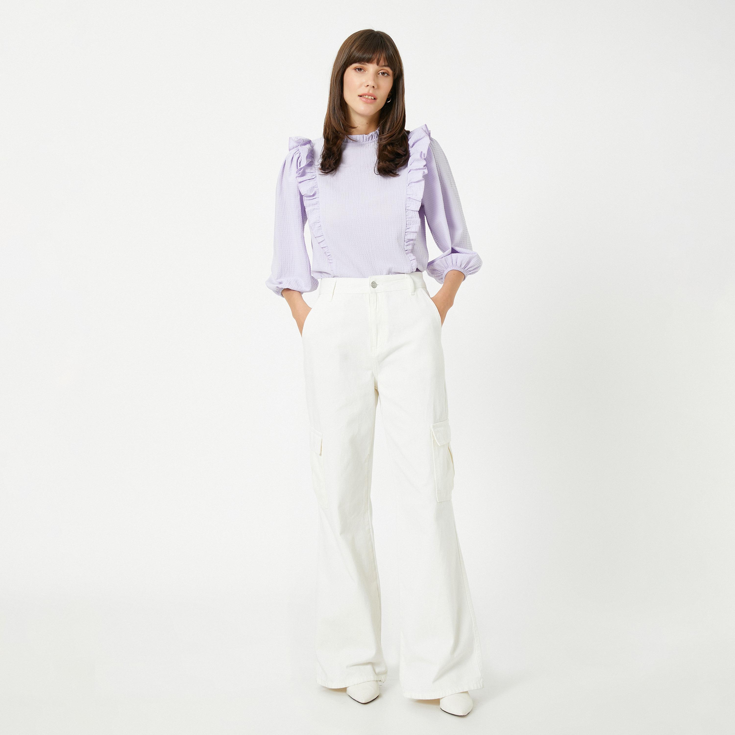 بلوزة نسائية بارزة الملمس ومكشكشة بلون لافندر وياقة عالية وأكمام منفوخة من كوتون-women-clothing-shirtsandblouses-blouses-image-2