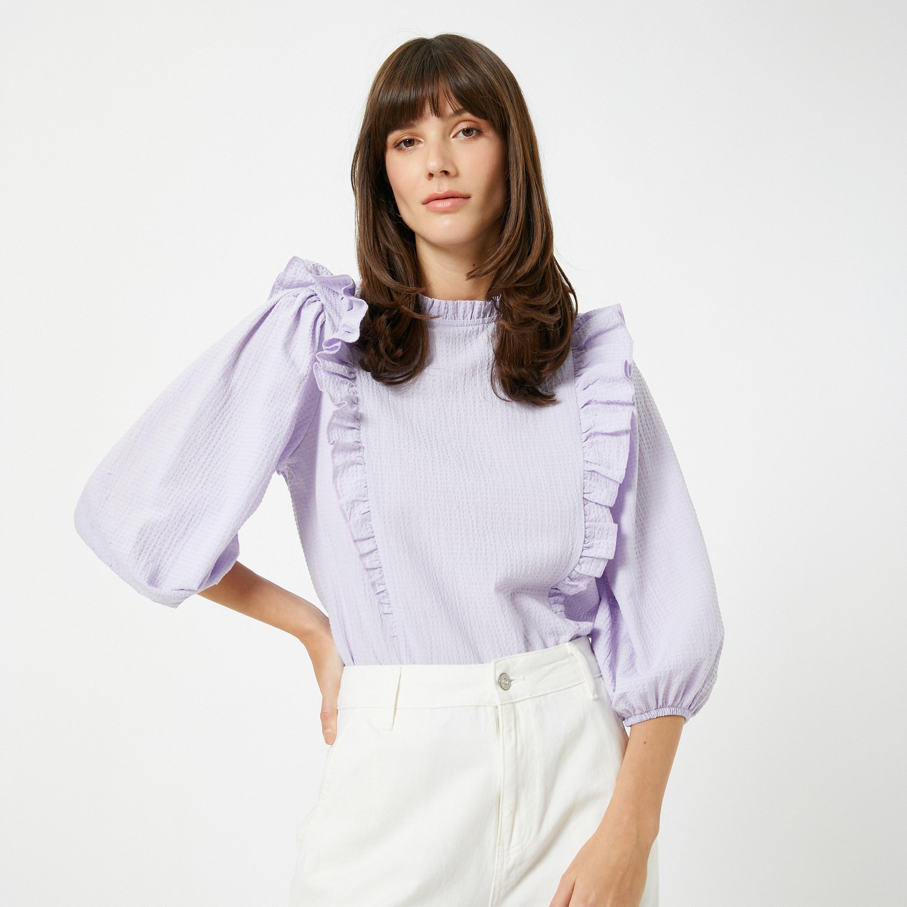 KOTON Lavender Textured Ruffled High Neck Puff Sleeves Women's Top-women-clothing-shirtsandblouses-blouses-image-4