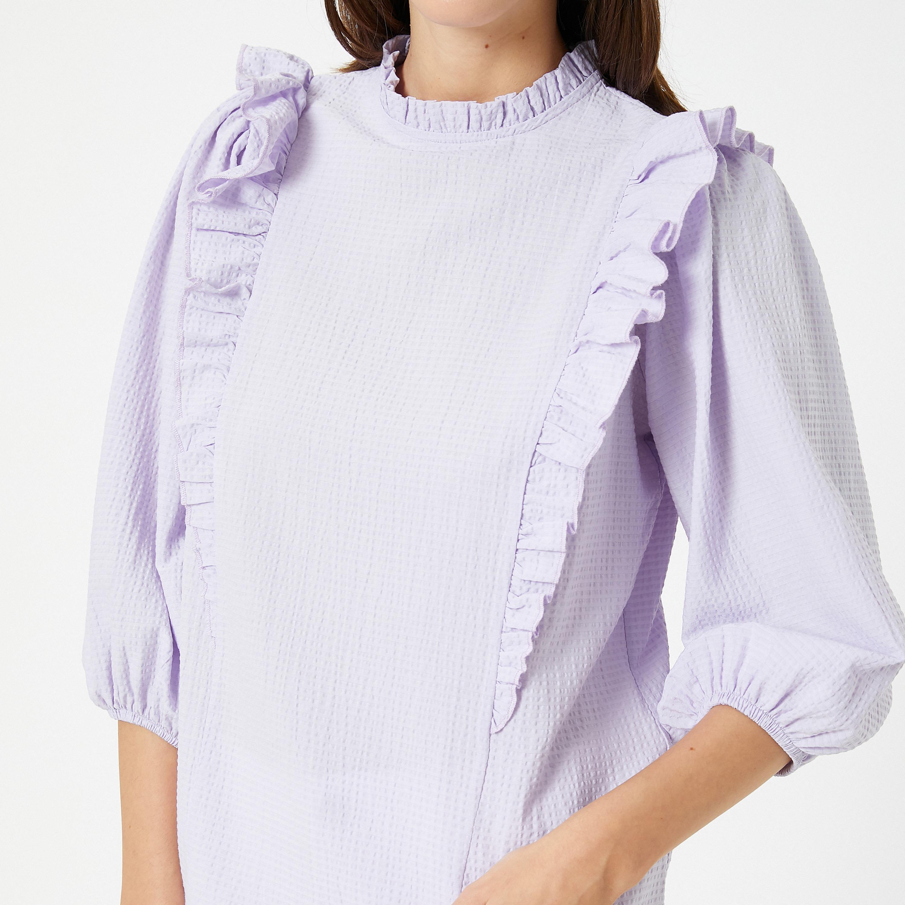 KOTON Lavender Textured Ruffled High Neck Puff Sleeves Women's Top-women-clothing-shirtsandblouses-blouses-image-5