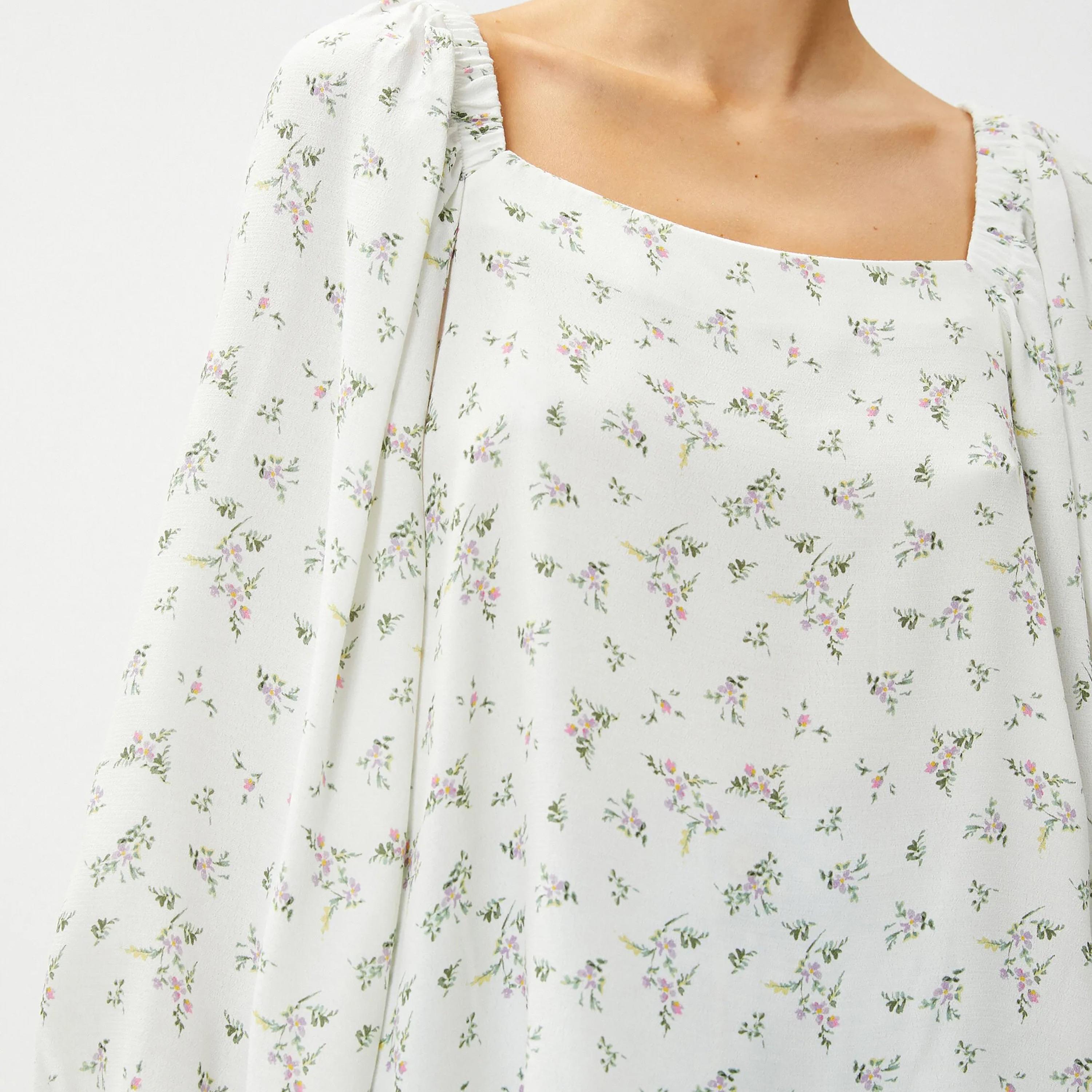 KOTON Green Floral Viscose Square Neck Balloon Sleeves Women's Top-women-clothing-shirtsandblouses-blouses-image-4