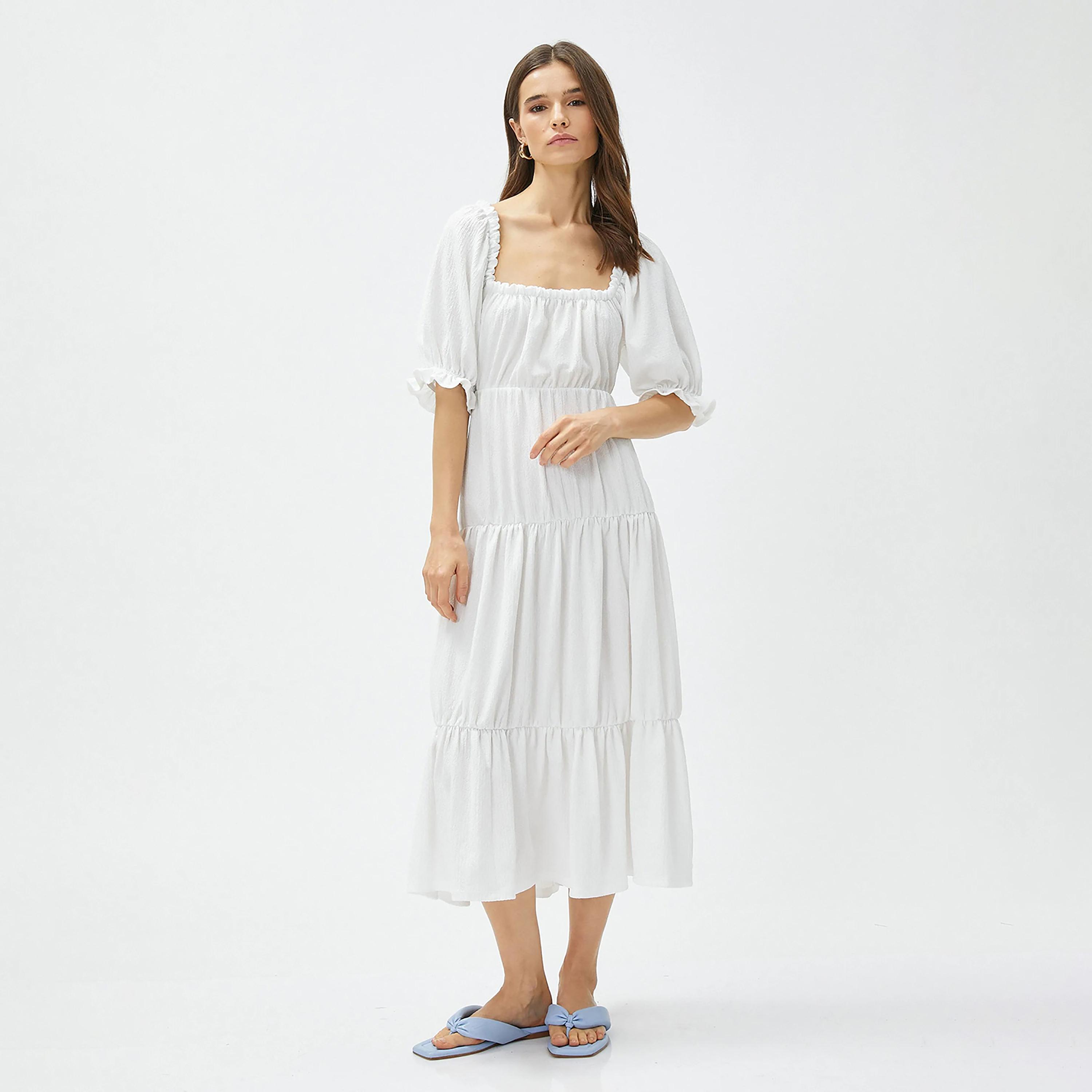 KOTON White Textured Square Neck Puff Sleeves Tiered Women's Midi Dress-women-clothing-dresses-image-1