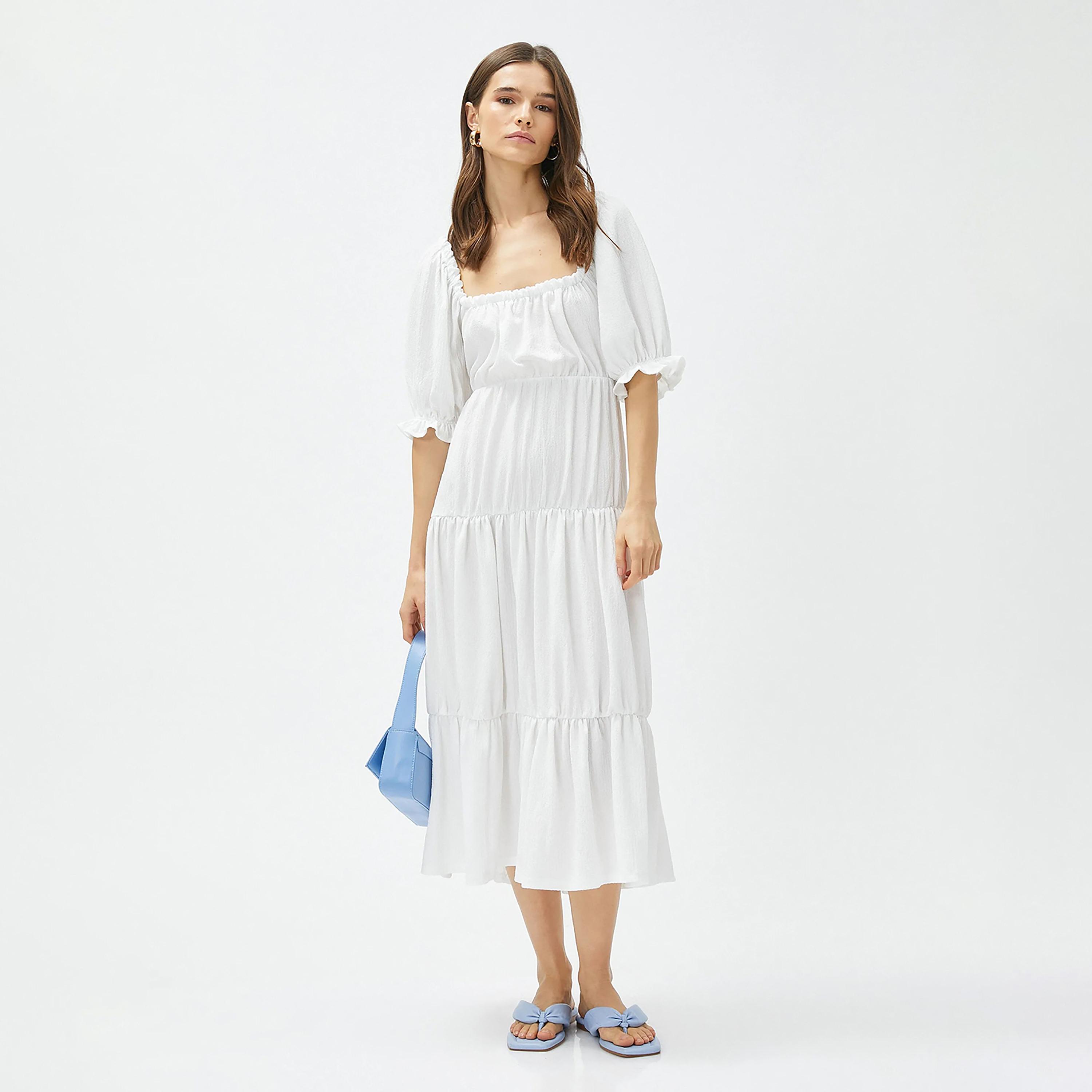 KOTON White Textured Square Neck Puff Sleeves Tiered Women's Midi Dress-women-clothing-dresses-image-2