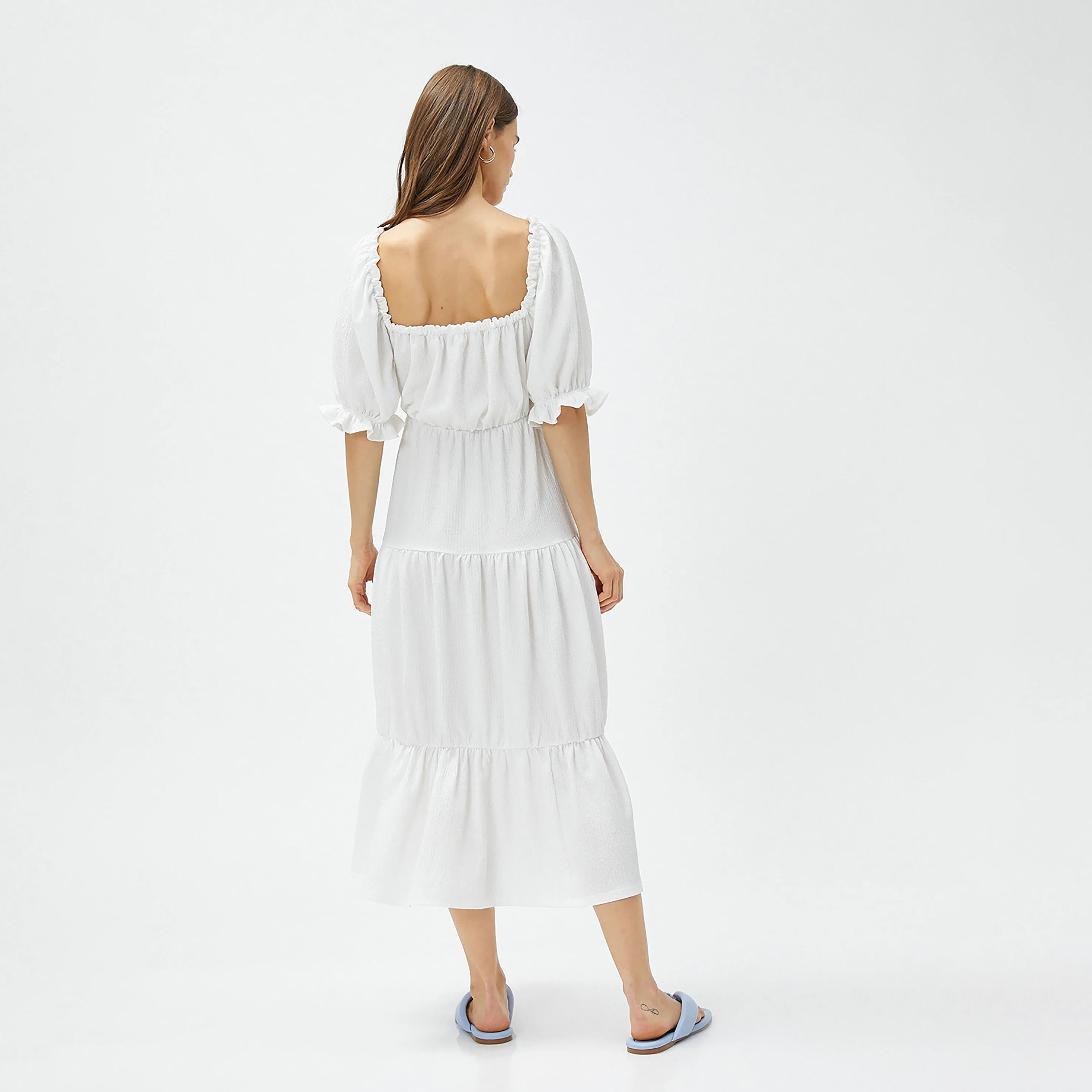 KOTON White Textured Square Neck Puff Sleeves Tiered Women's Midi Dress-women-clothing-dresses-image-3