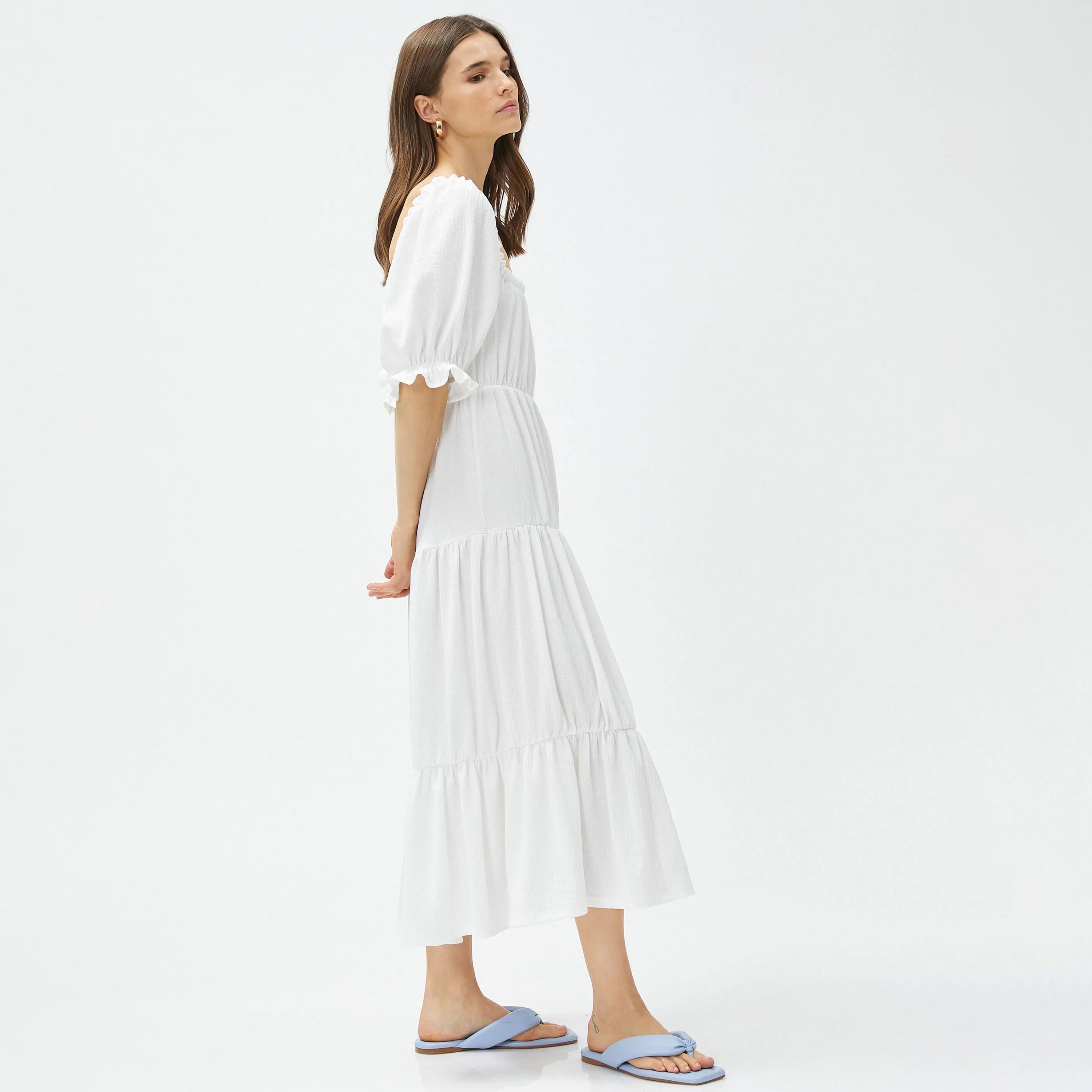 KOTON White Textured Square Neck Puff Sleeves Tiered Women's Midi Dress-women-clothing-dresses-image-5