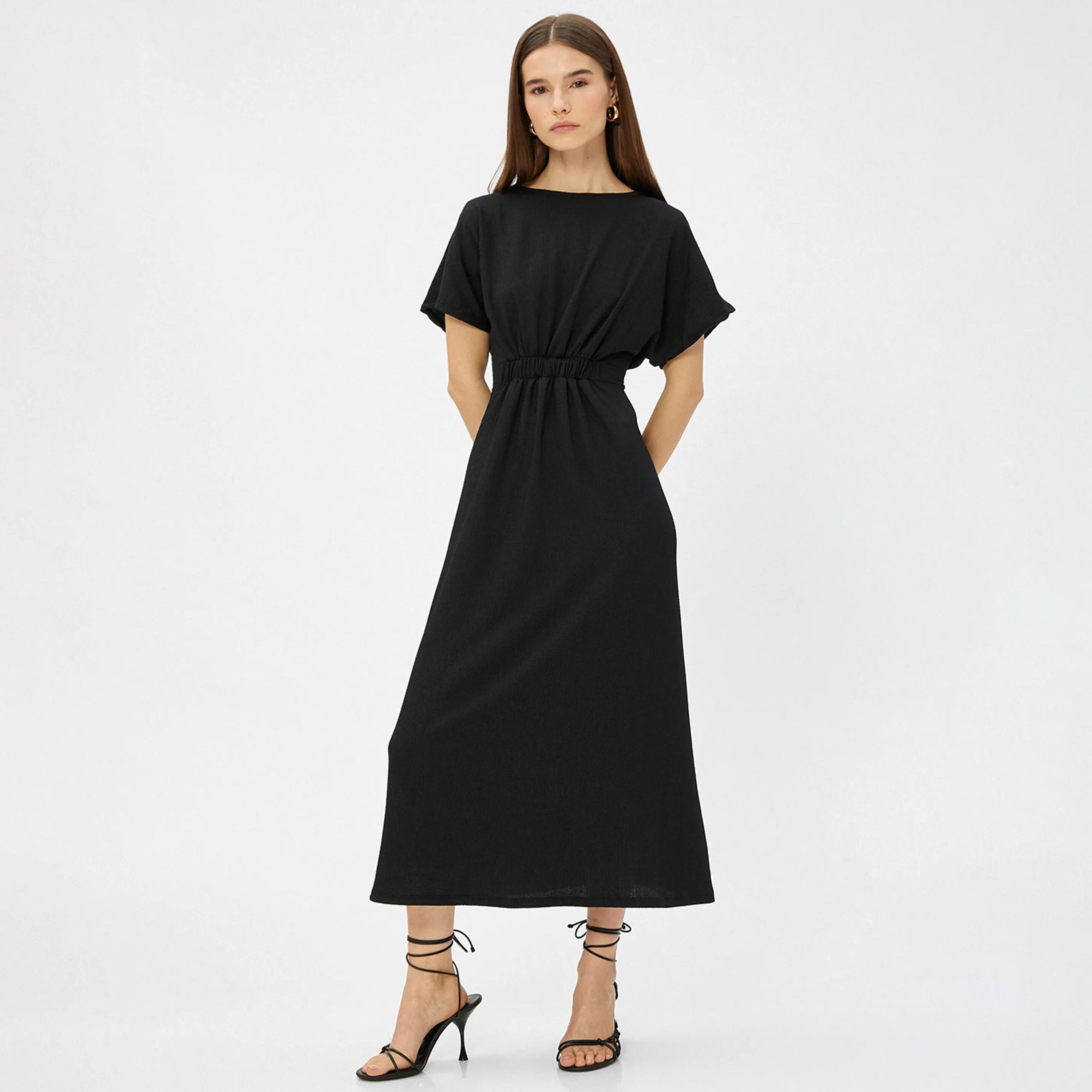 KOTON Black Plain Boat Neck Women's Midi Dress-women-clothing-dresses-image-1