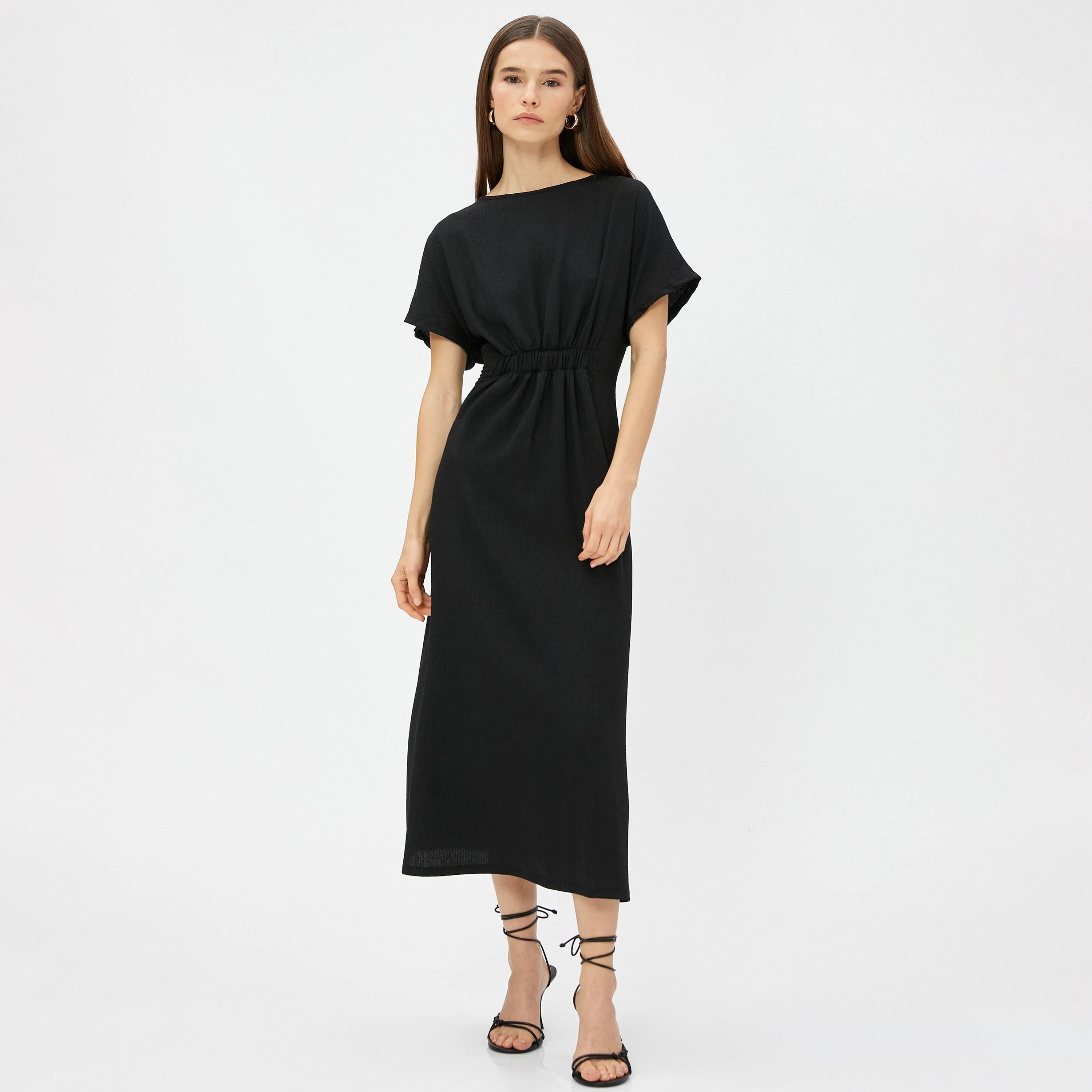 فستان نسائي متوسط الطول أسود سادة برقبة قارب من كوتون-women-clothing-dresses-image-5