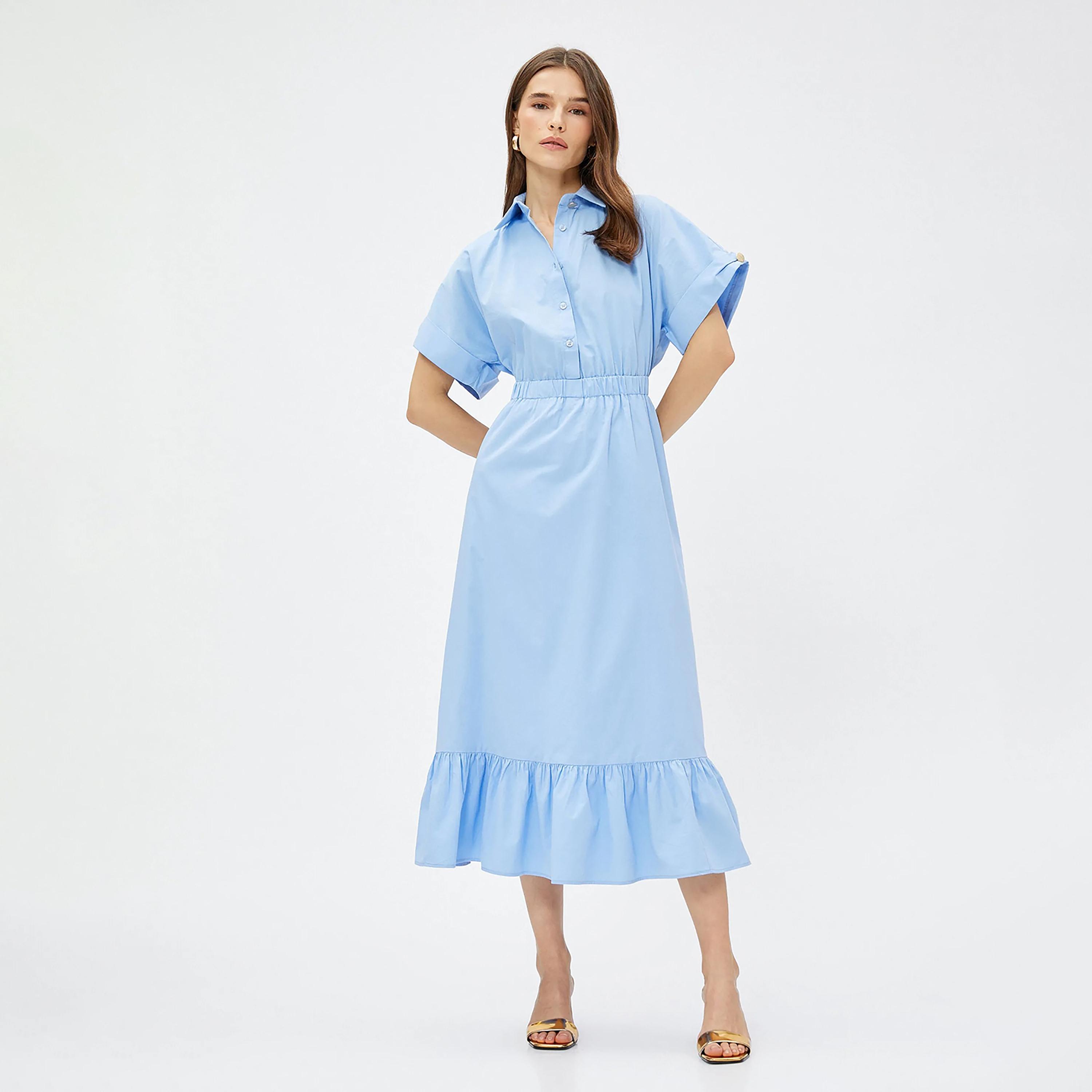 KOTON Blue Plain Cotton Collared Women's Midi Shirt Dress-women-clothing-dresses-image-1