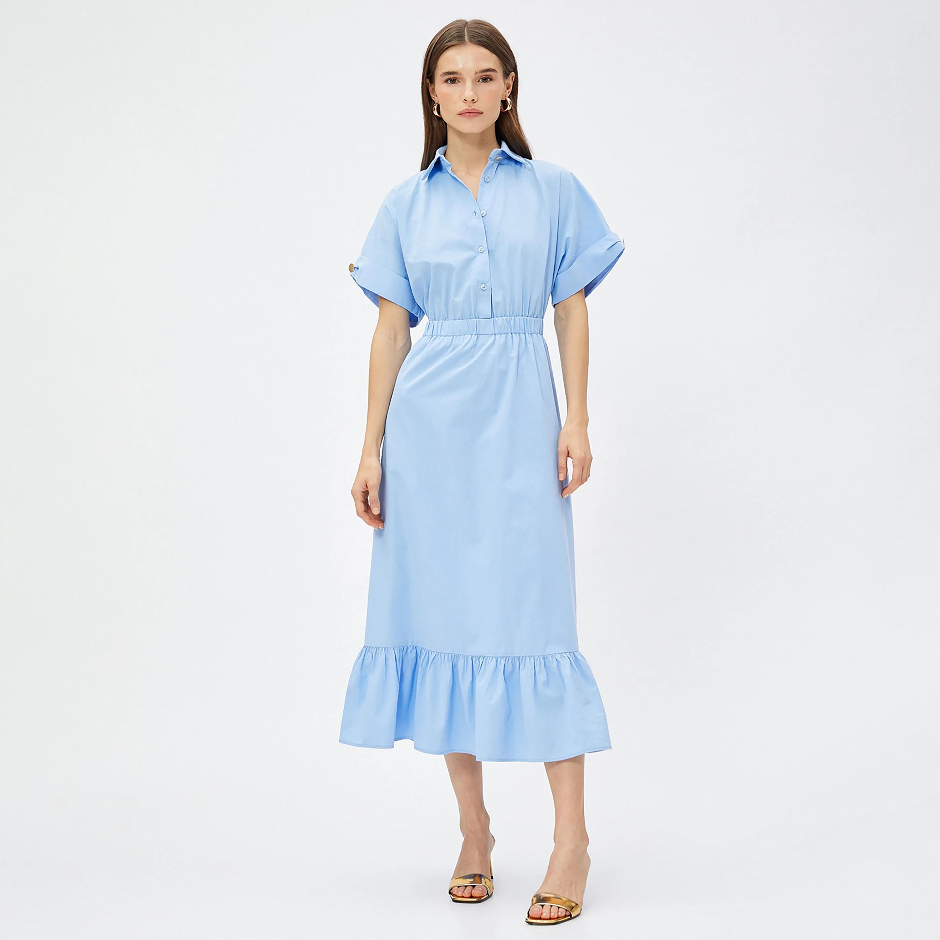 KOTON Blue Plain Cotton Collared Women's Midi Shirt Dress-women-clothing-dresses-image-2