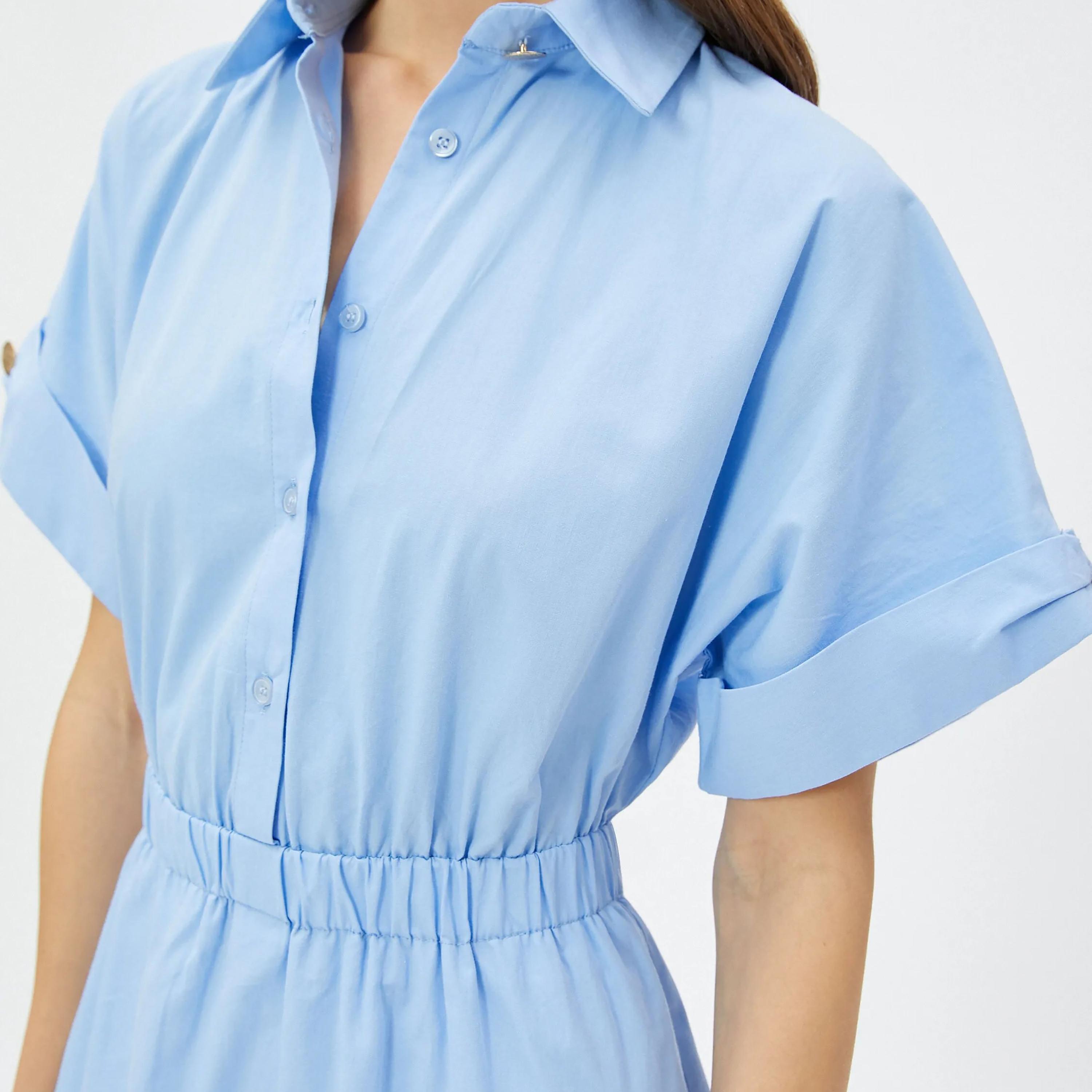 KOTON Blue Plain Cotton Collared Women's Midi Shirt Dress-women-clothing-dresses-image-4