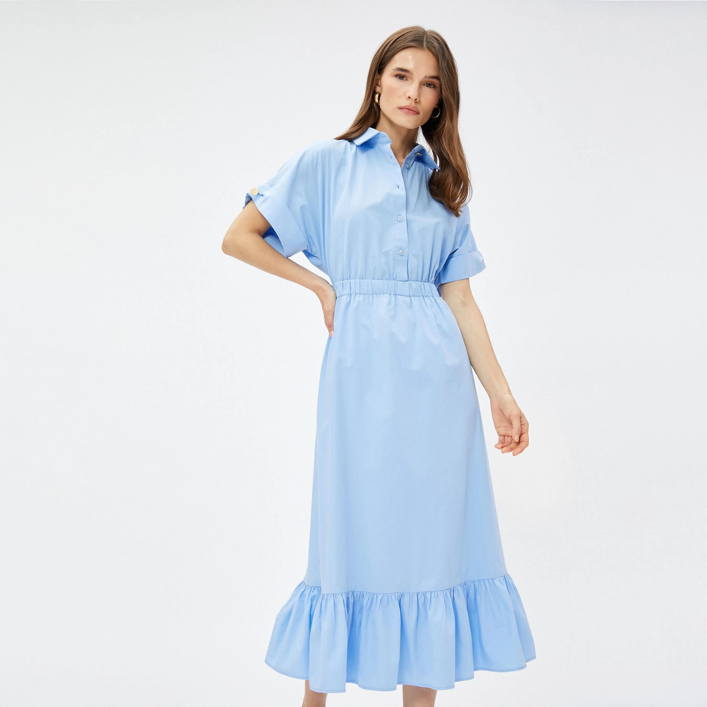 فستان قميص نسائي متوسط الطول بياقة من القطن باللون الأزرق من كوتون-women-clothing-dresses-image-5