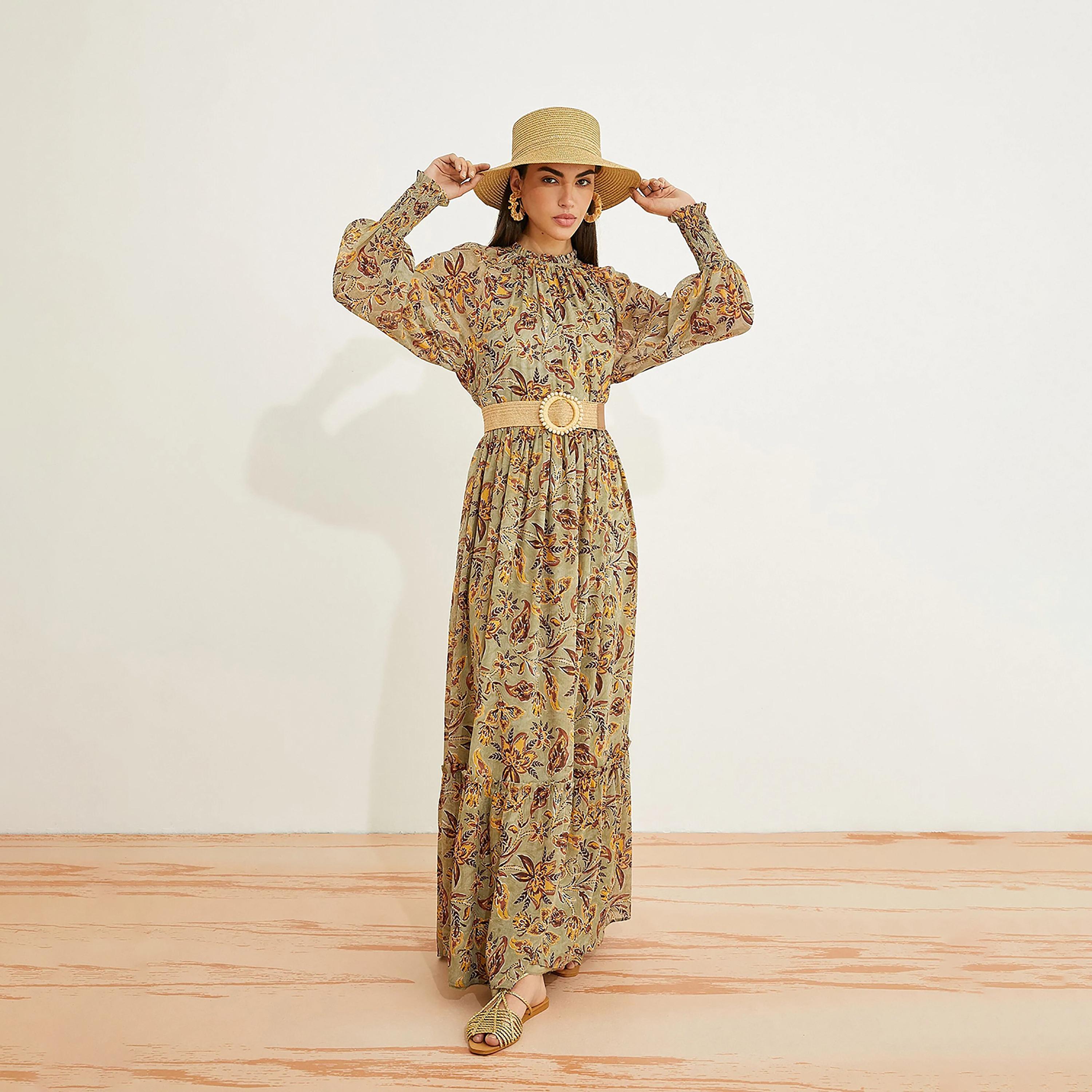 KOTON Brown Floral Ruffled Neck Bishop Sleeve Tiered Women's Maxi Dress-women-clothing-dresses-image-2