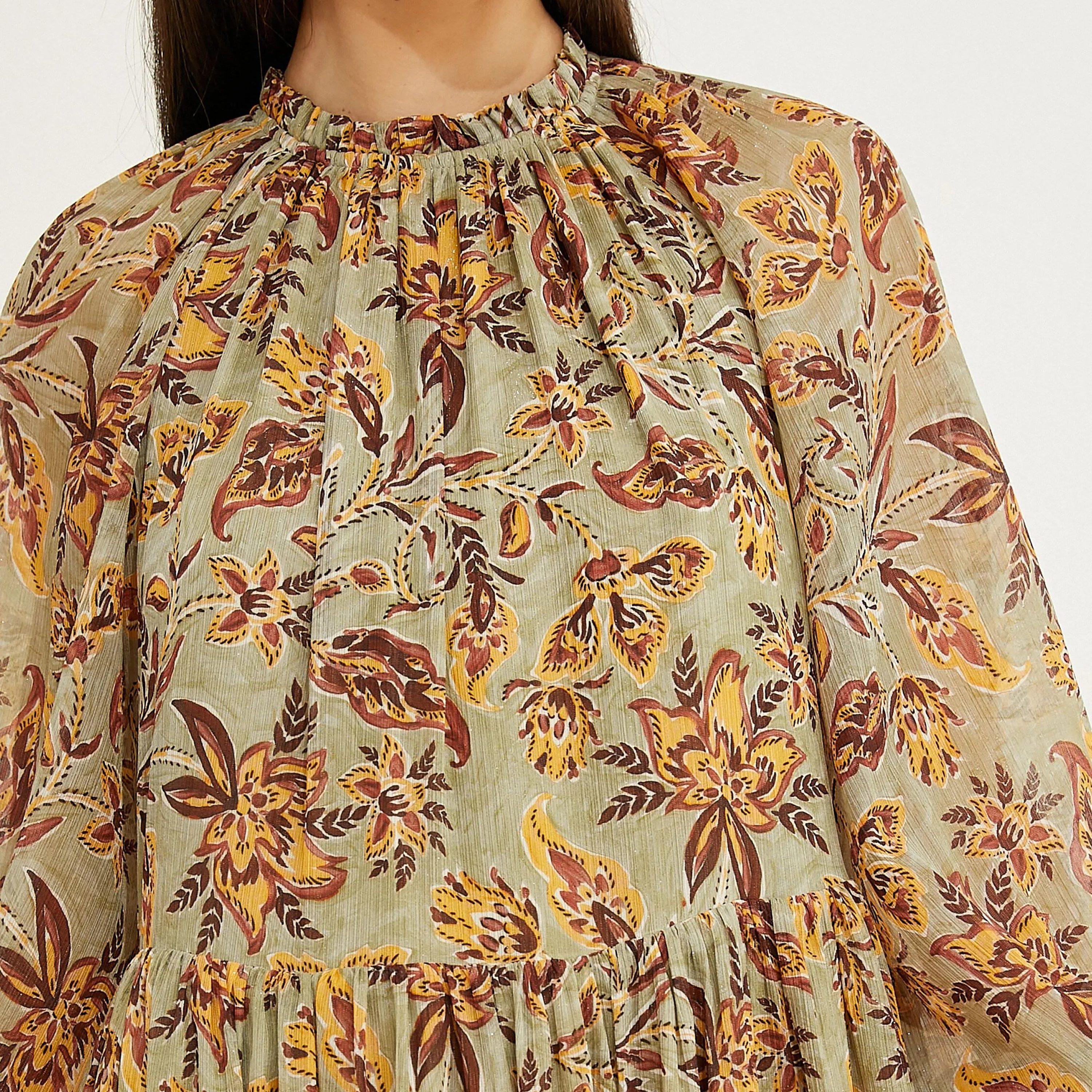 KOTON Brown Floral Ruffled Neck Bishop Sleeve Tiered Women's Maxi Dress-women-clothing-dresses-image-4
