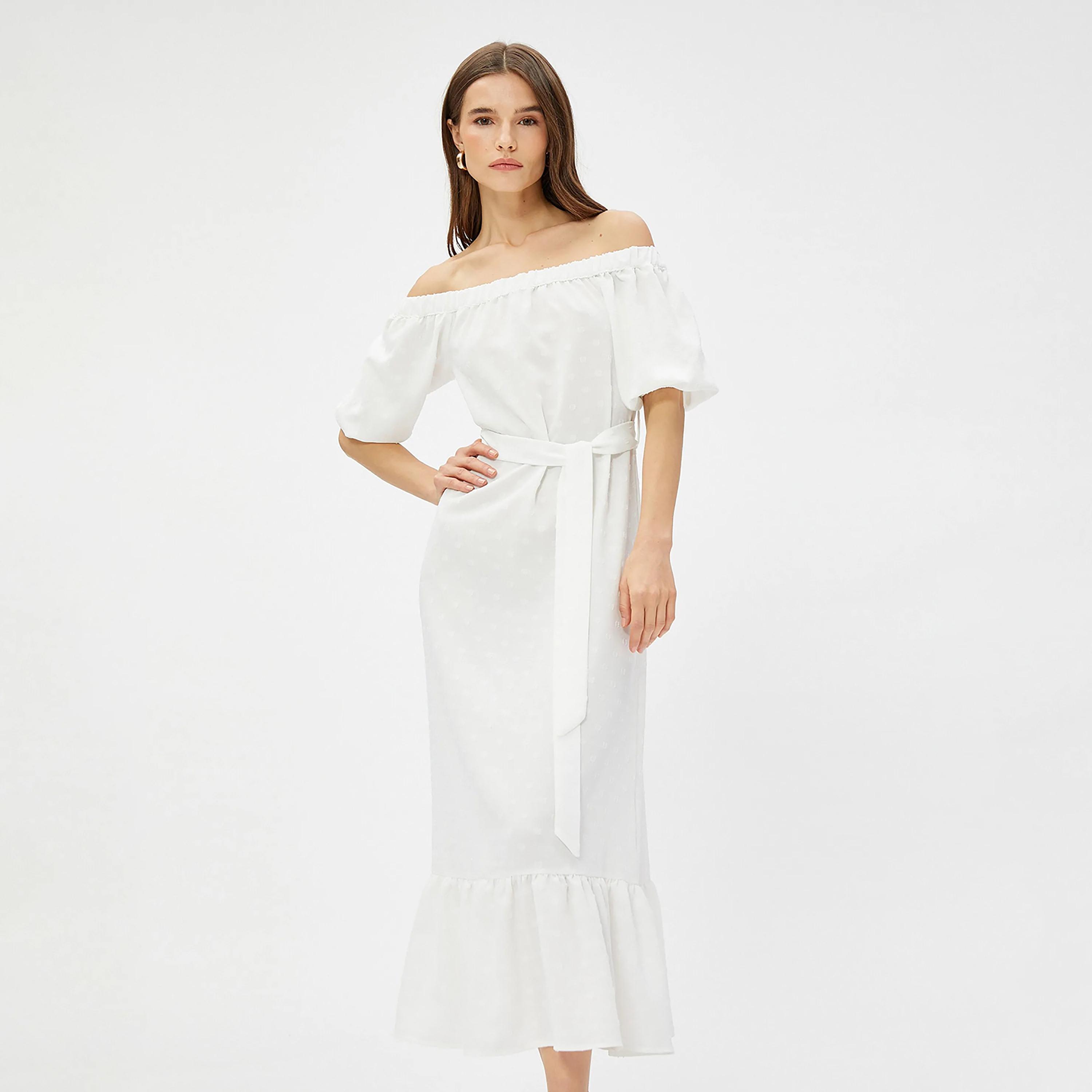 فستان نسائي متوسط الطول بأكمام منتفخة ومنقوش بنقاط دوبي بيضاء من كوتون-women-clothing-dresses-image-2