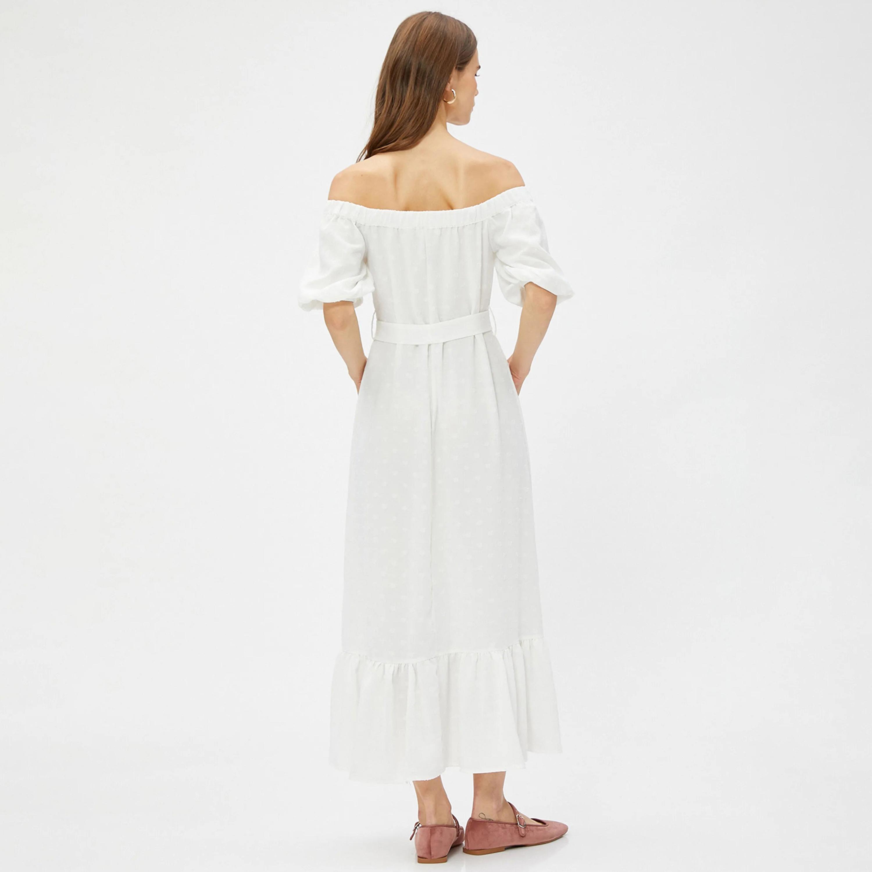 KOTON White Dobby Dot Off Shoulder Puff Sleeves Women's Midi Dress-women-clothing-dresses-image-3