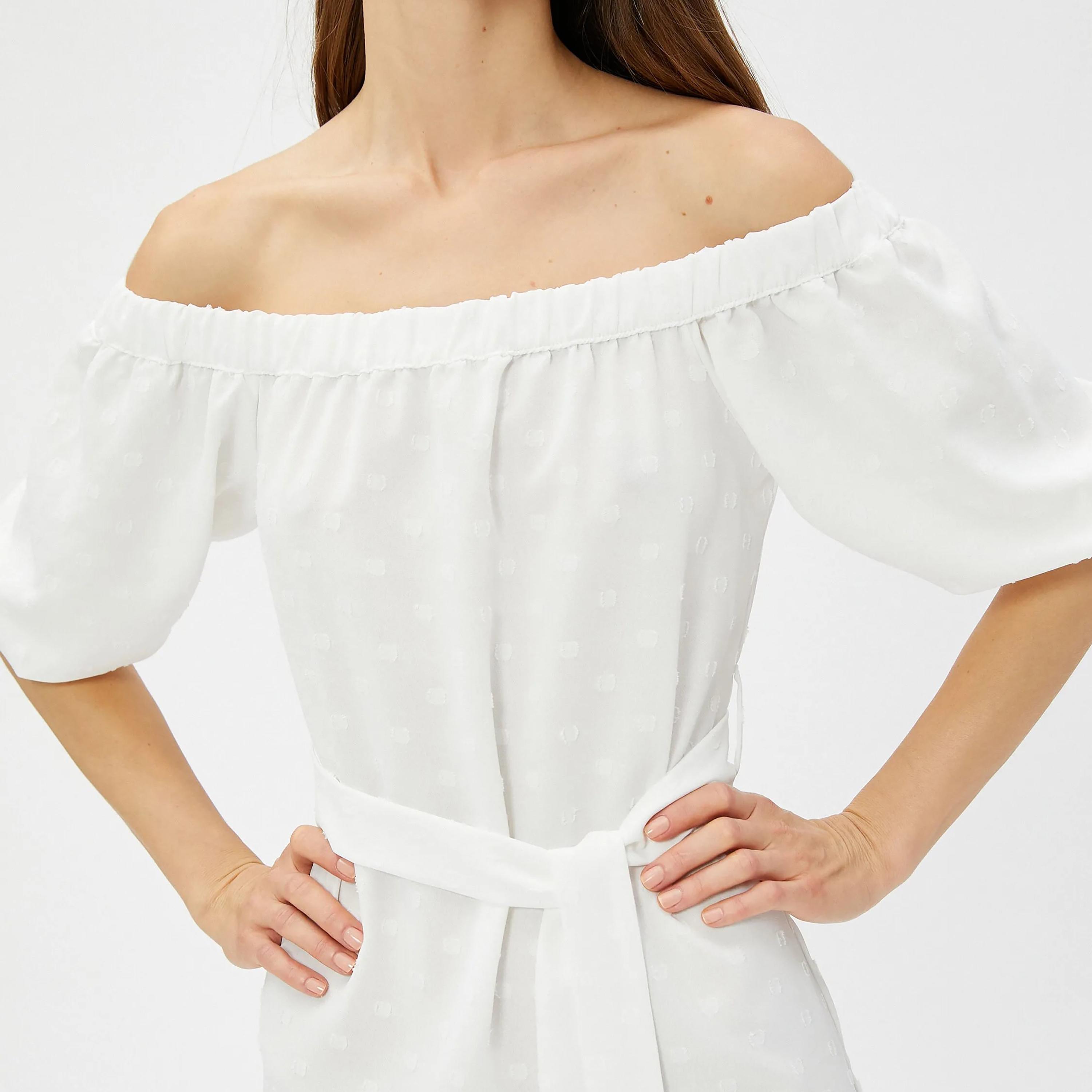 KOTON White Dobby Dot Off Shoulder Puff Sleeves Women's Midi Dress-women-clothing-dresses-image-4