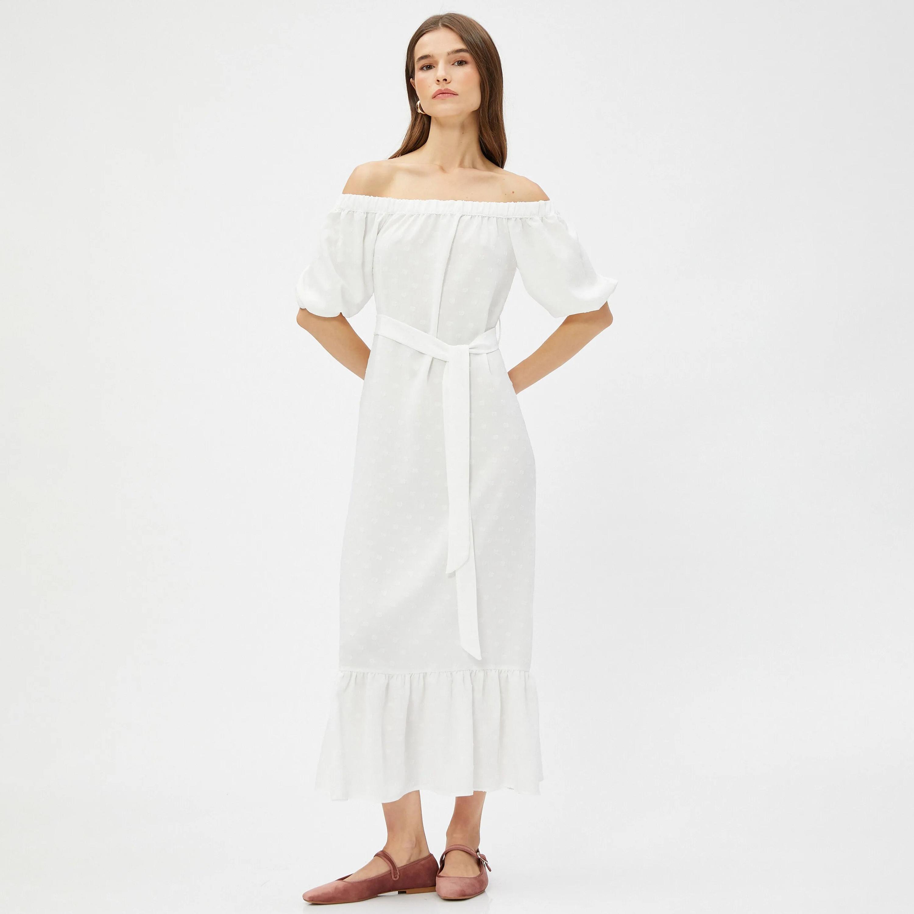فستان نسائي متوسط الطول بأكمام منتفخة ومنقوش بنقاط دوبي بيضاء من كوتون-women-clothing-dresses-image-5