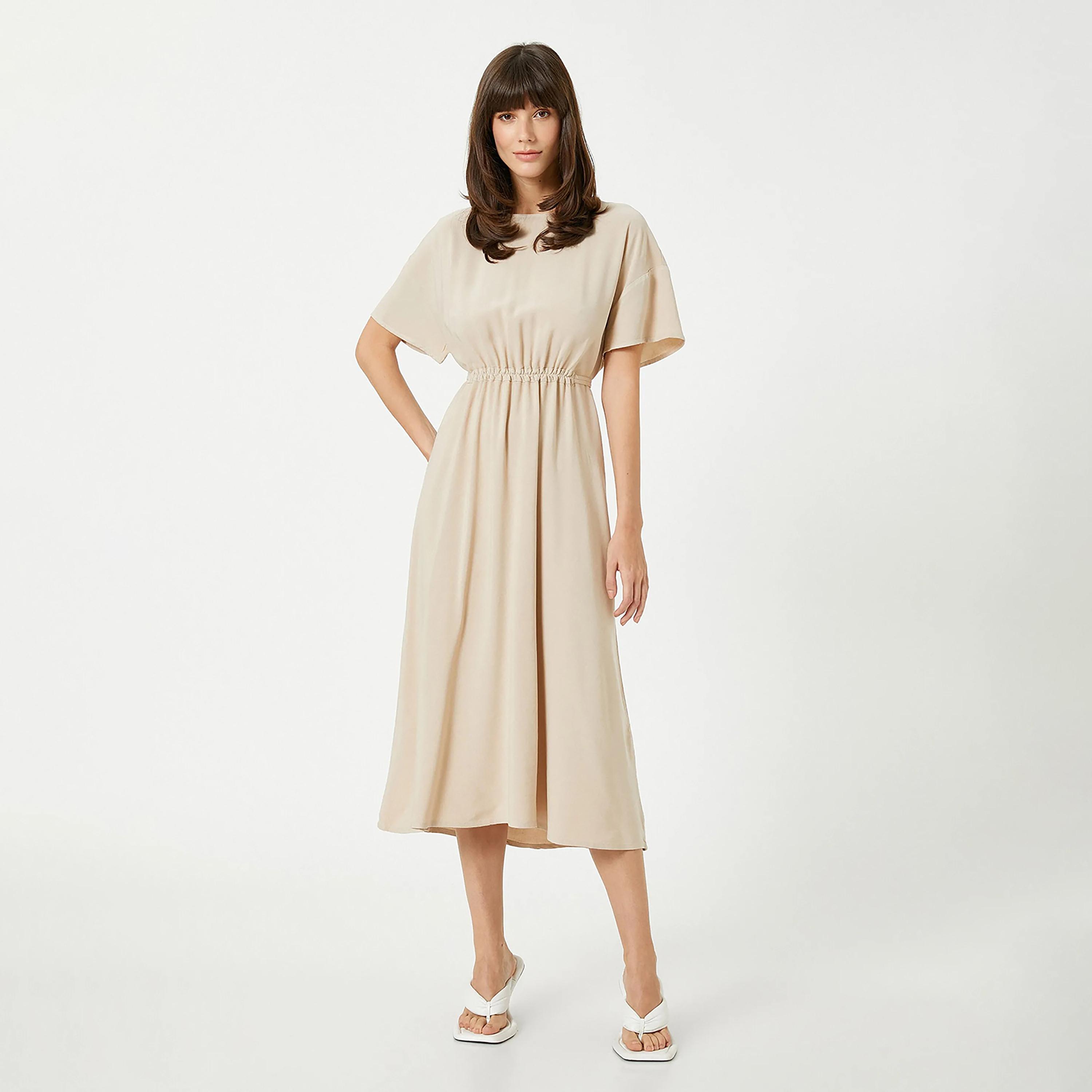 فستان نسائي متوسط الطول بأكمام منسدلة باللون البيج من كوتون-women-clothing-dresses-image-1