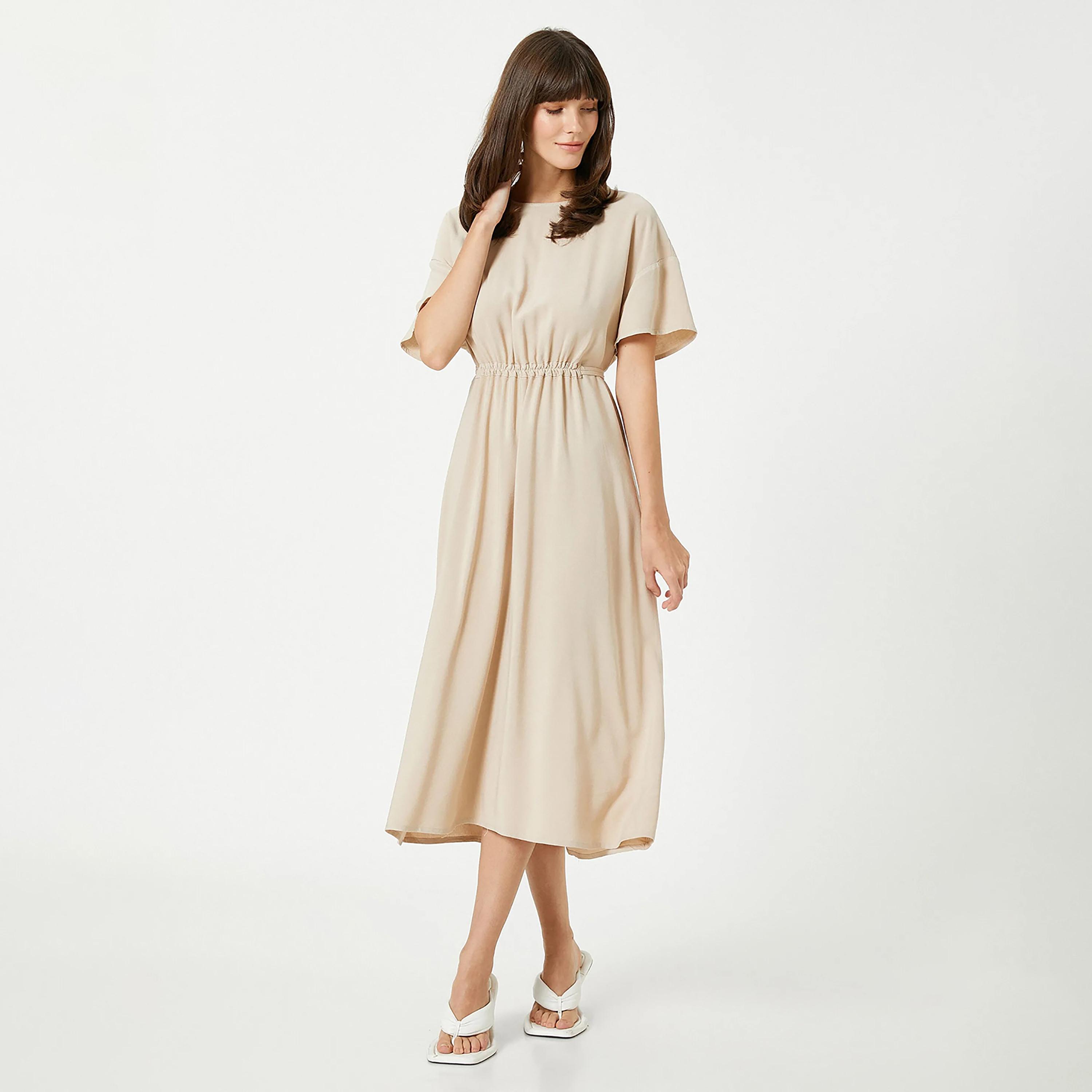 KOTON Beige Plain Dropped Sleeves Women's Midi Dress-women-clothing-dresses-image-2