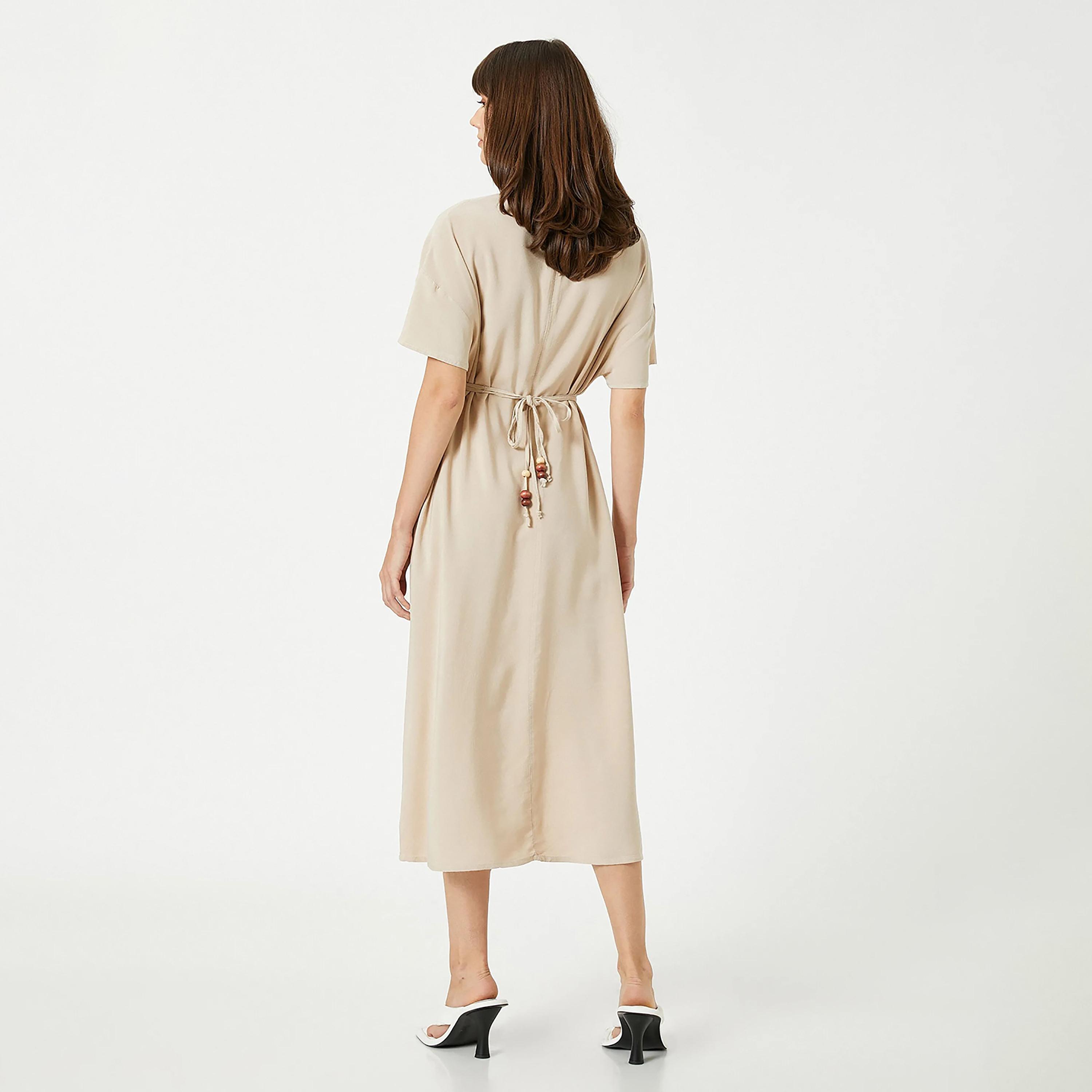 KOTON Beige Plain Dropped Sleeves Women's Midi Dress-women-clothing-dresses-image-3