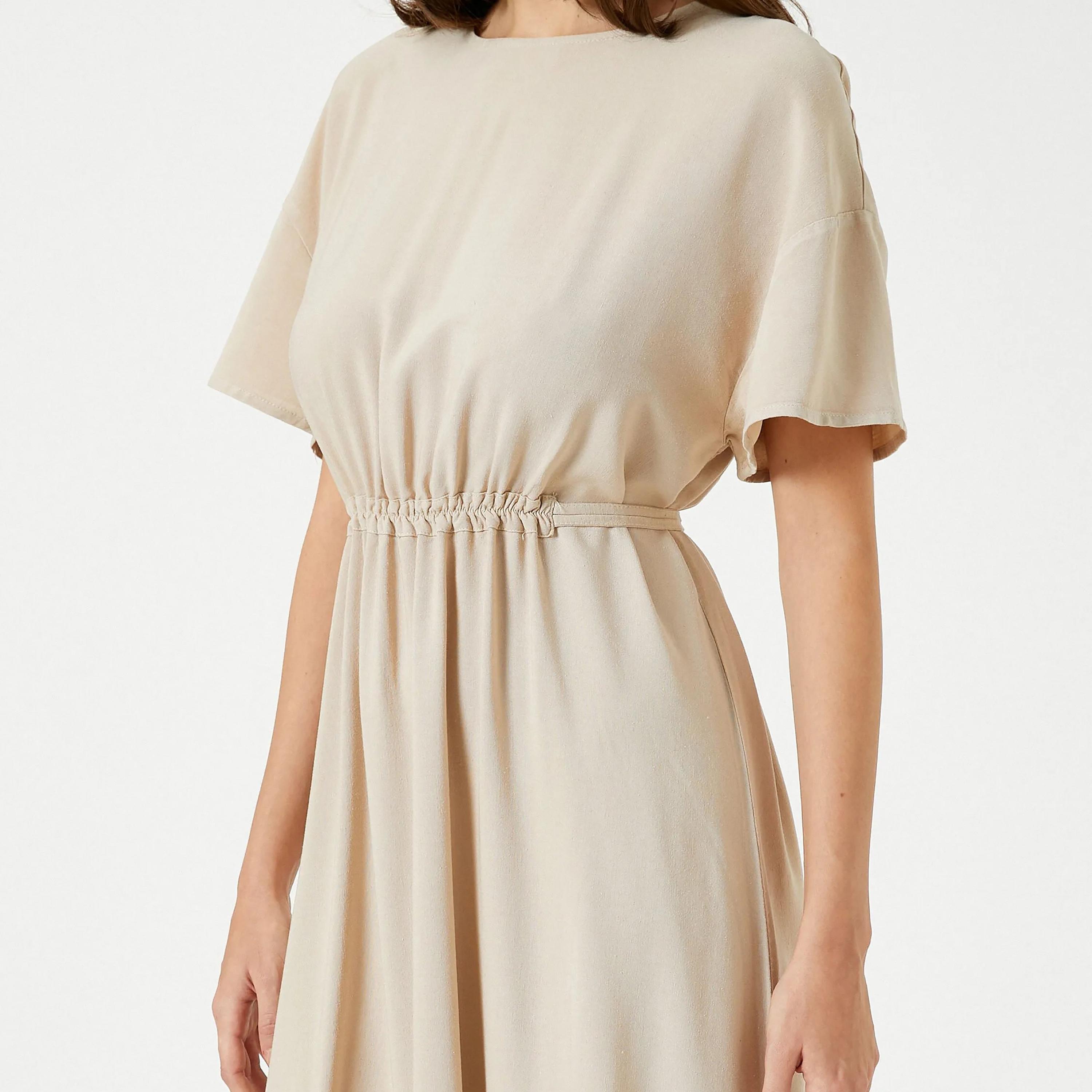 KOTON Beige Plain Dropped Sleeves Women's Midi Dress-women-clothing-dresses-image-4