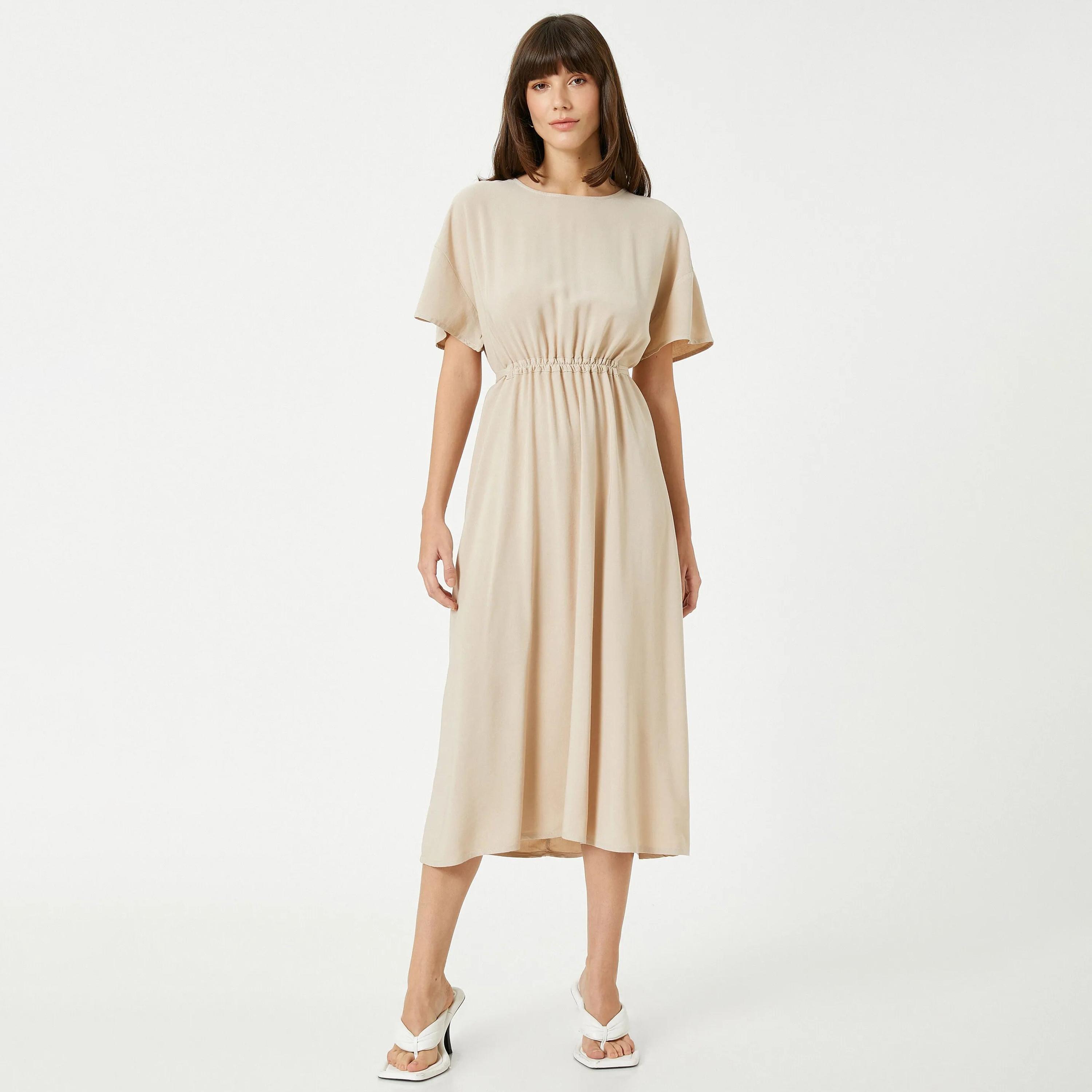 فستان نسائي متوسط الطول بأكمام منسدلة باللون البيج من كوتون-women-clothing-dresses-image-5