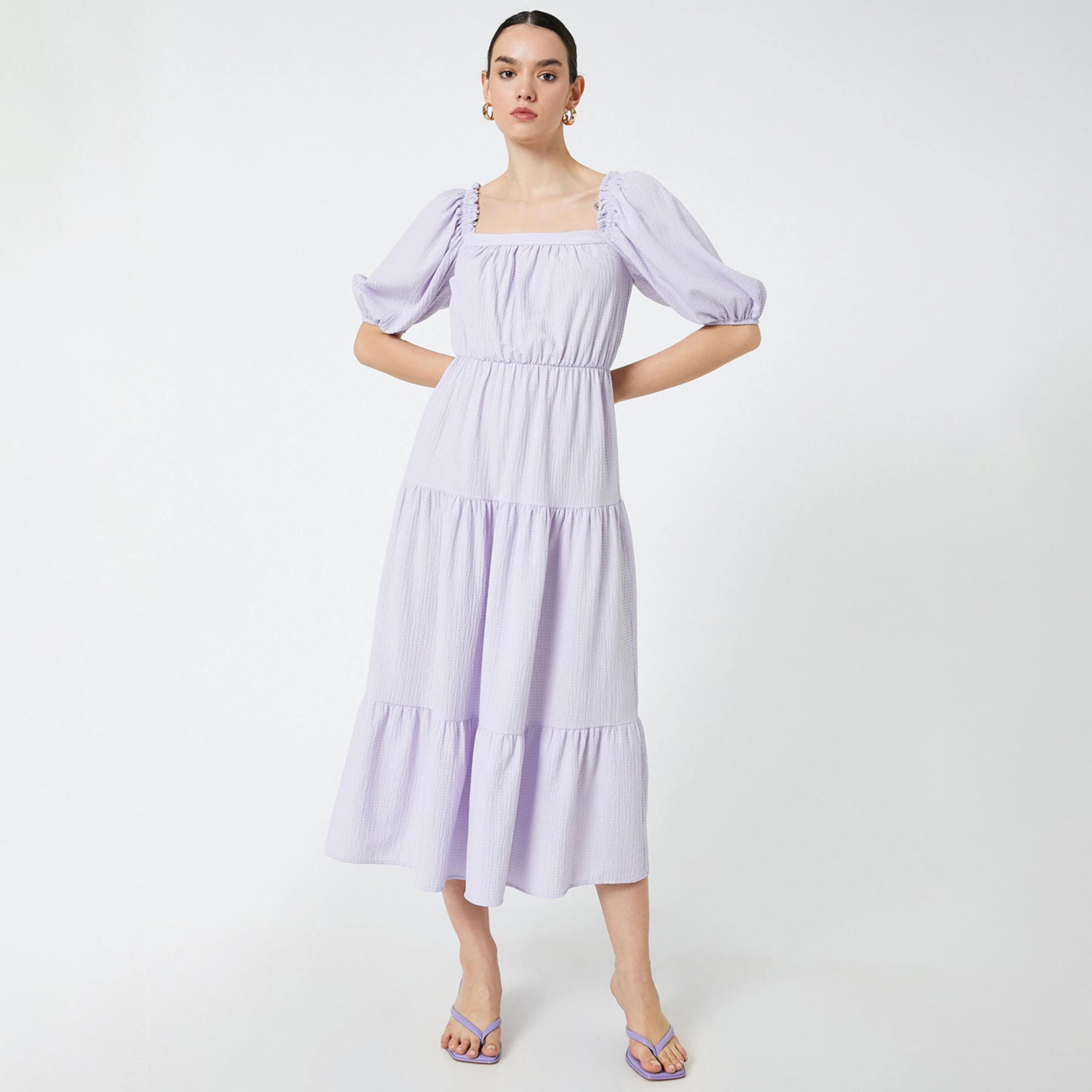 KOTON Purple Textured Square Neck Puff Sleeves Tiered Women's Midi Dress-women-clothing-dresses-image-1