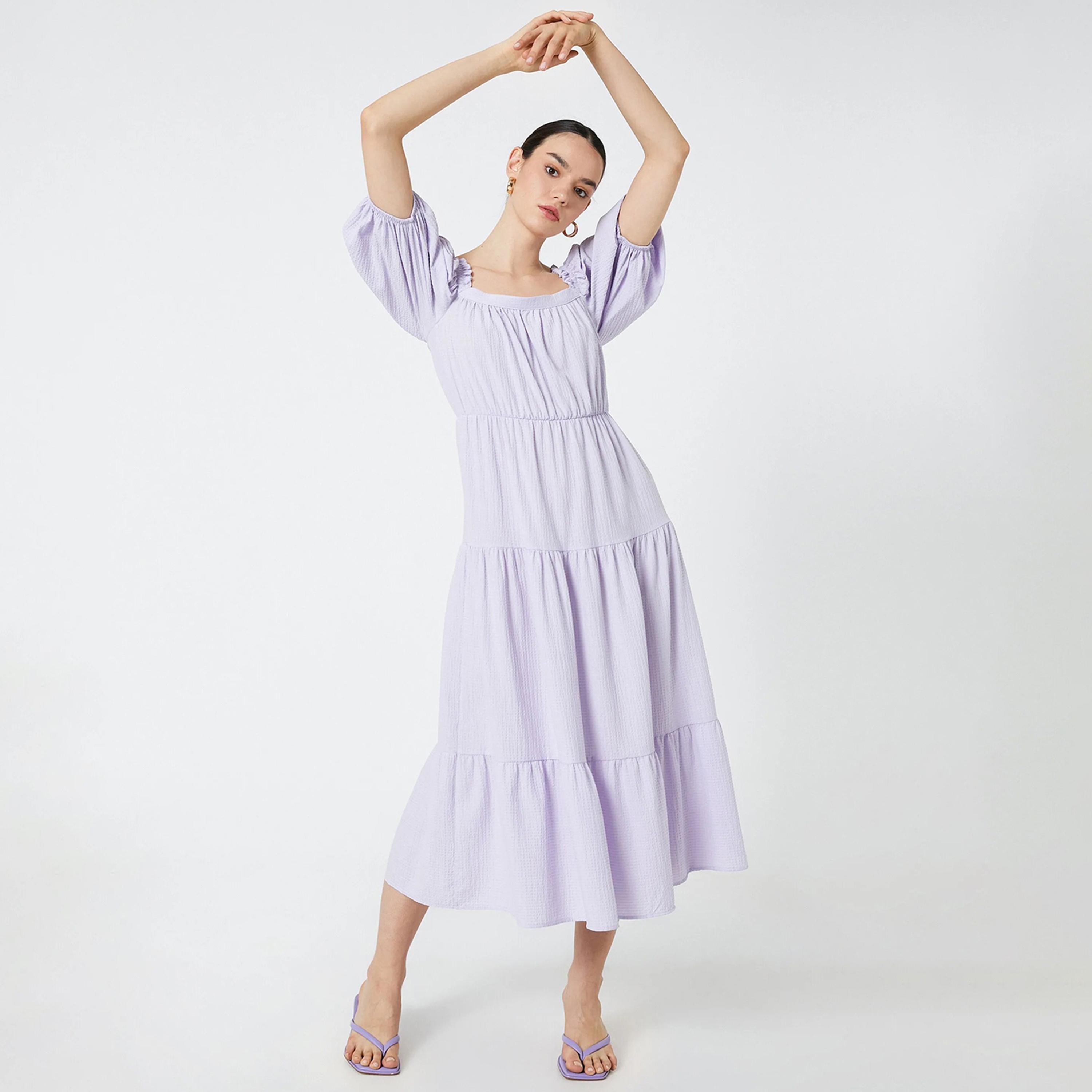 KOTON Purple Textured Square Neck Puff Sleeves Tiered Women's Midi Dress-women-clothing-dresses-image-2