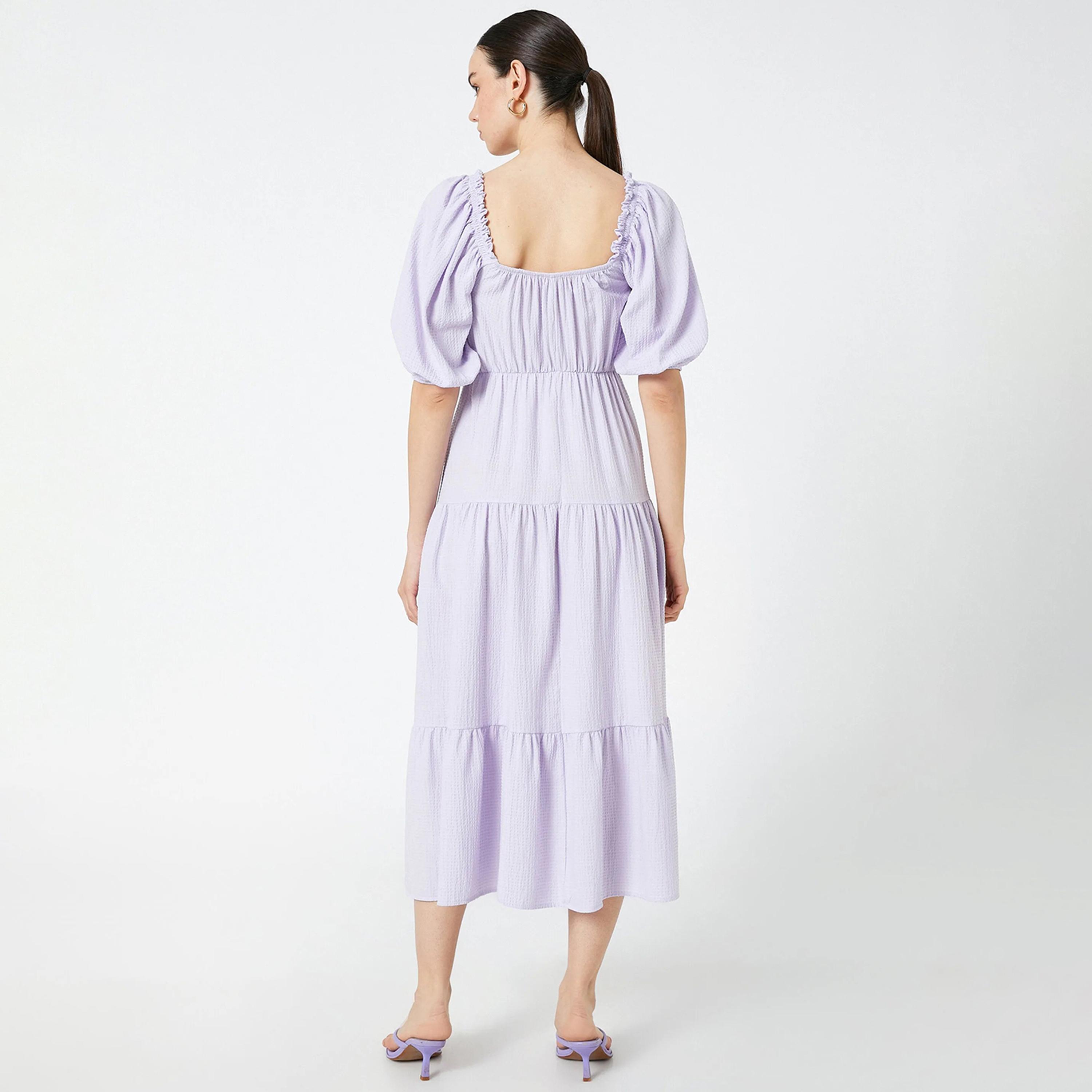 KOTON Purple Textured Square Neck Puff Sleeves Tiered Women's Midi Dress-women-clothing-dresses-image-3