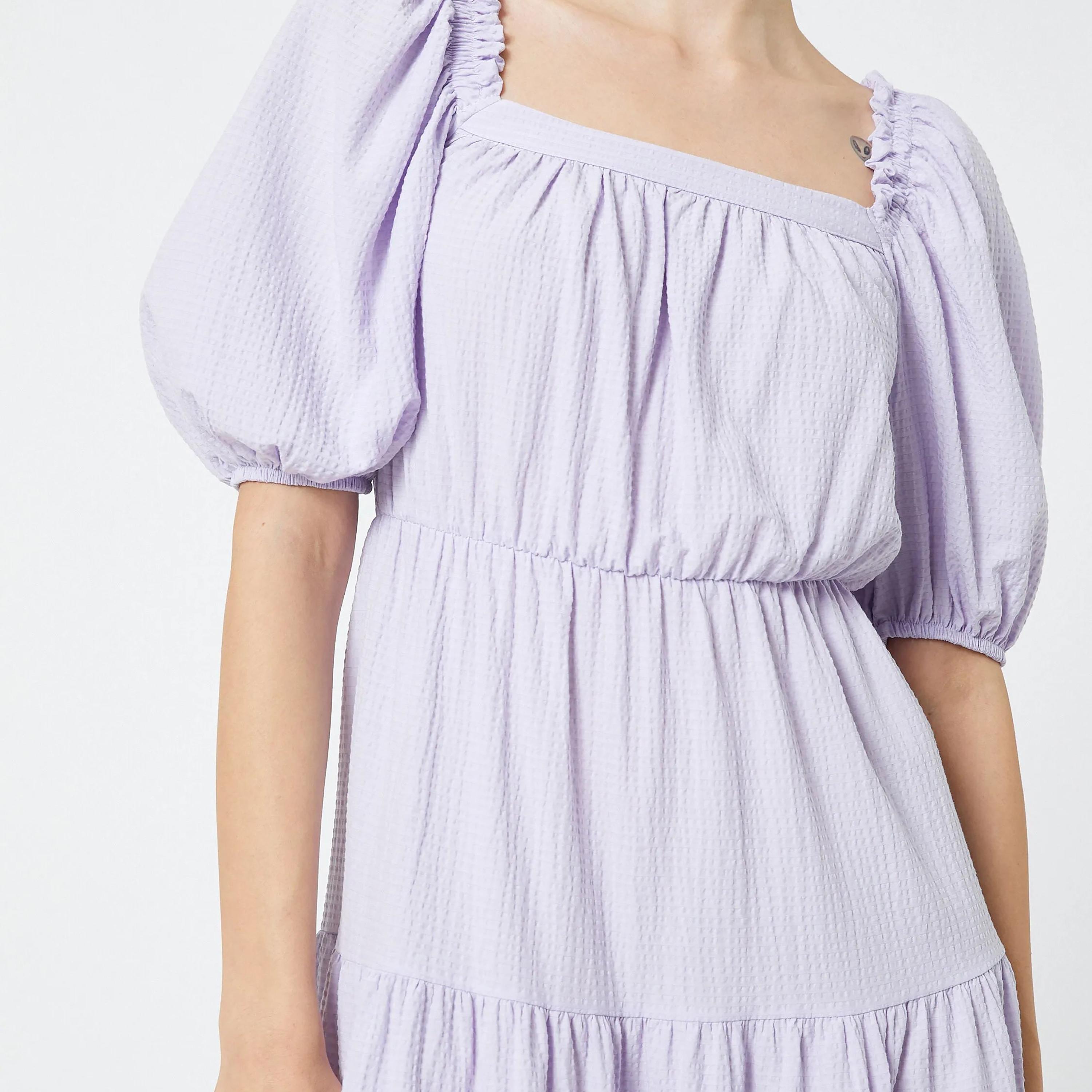 KOTON Purple Textured Square Neck Puff Sleeves Tiered Women's Midi Dress-women-clothing-dresses-image-4