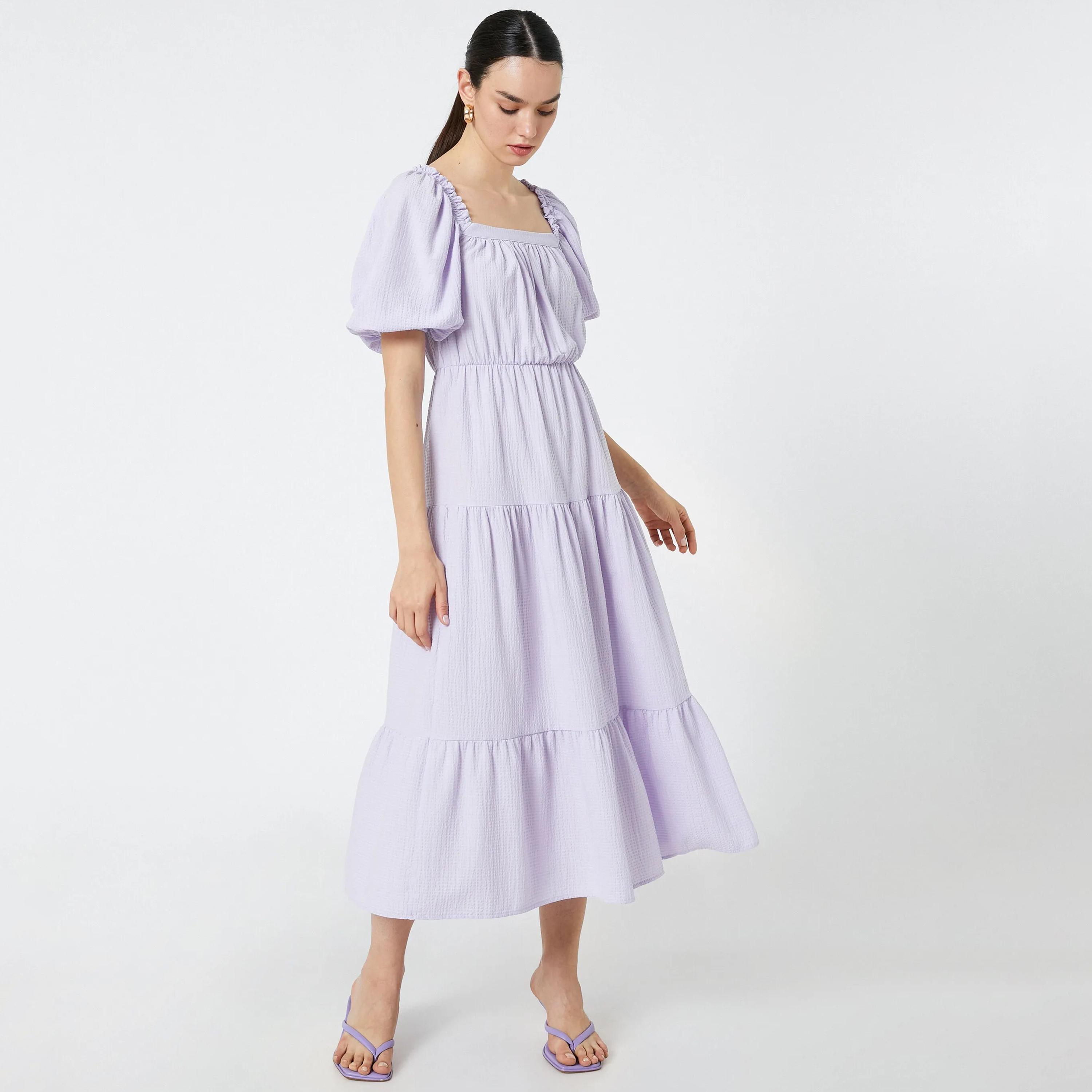 KOTON Purple Textured Square Neck Puff Sleeves Tiered Women's Midi Dress-women-clothing-dresses-image-5