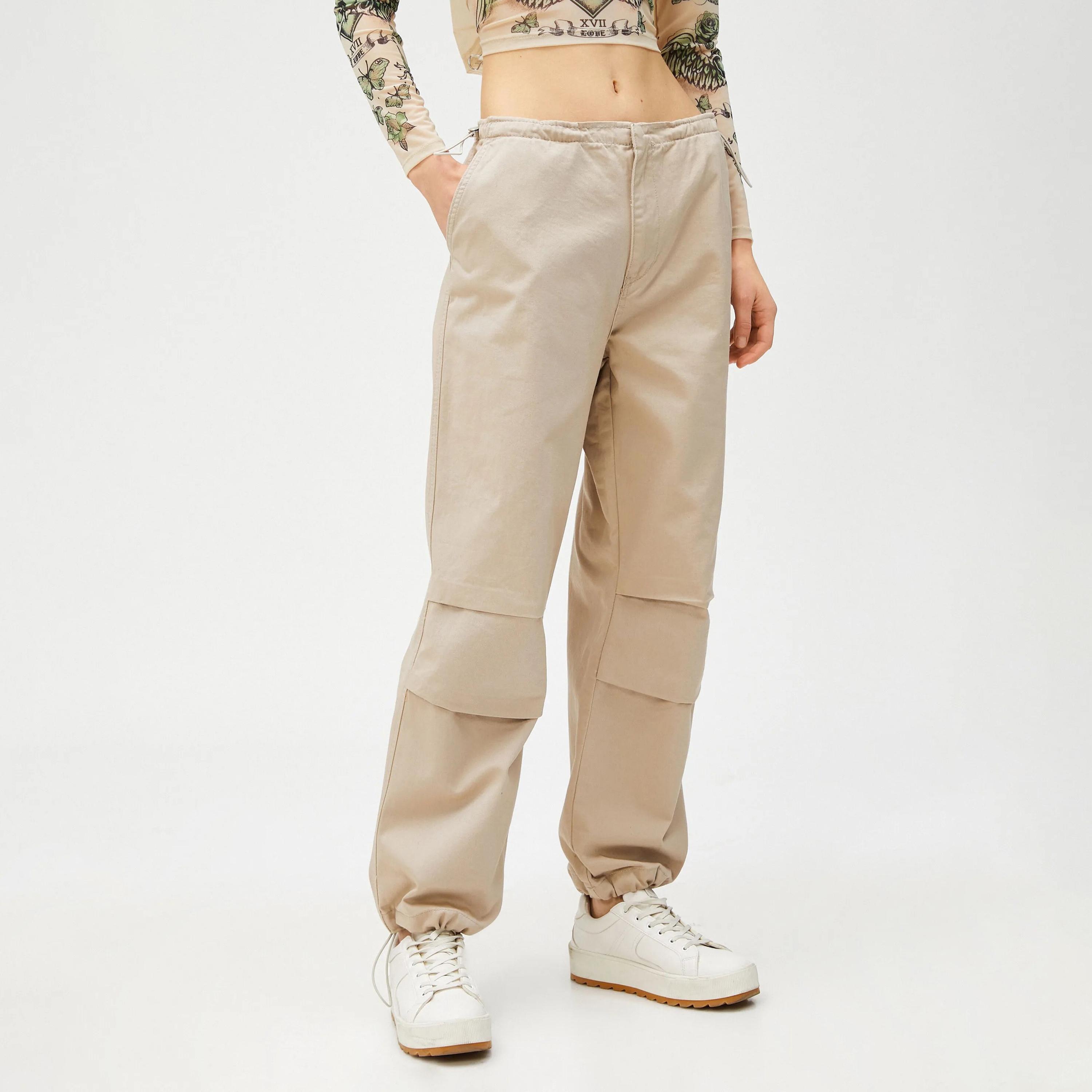KOTON Beige Cotton Button and Zip Fly Women's Trousers-women-clothing-bottoms-joggers-image-1
