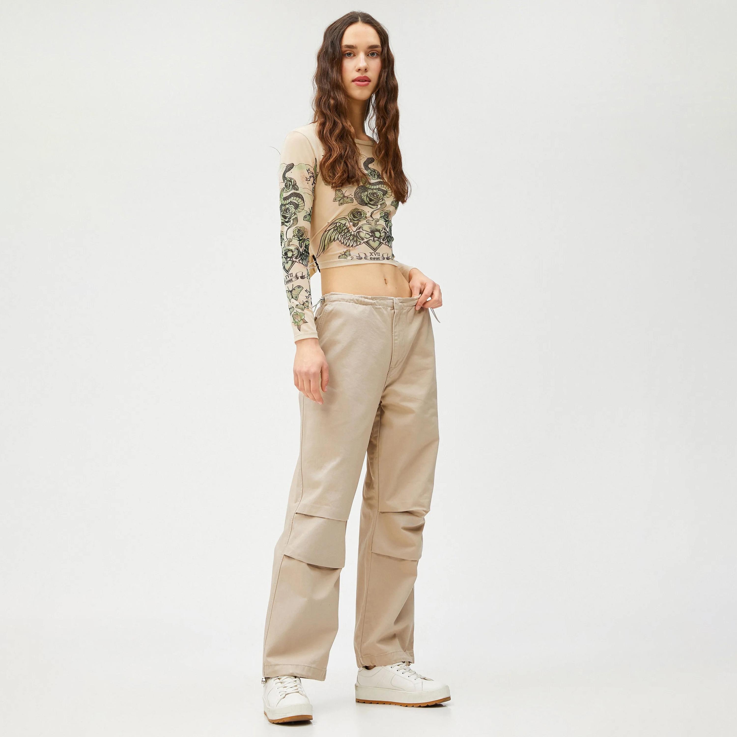 KOTON Beige Cotton Button and Zip Fly Women's Trousers-women-clothing-bottoms-joggers-image-2