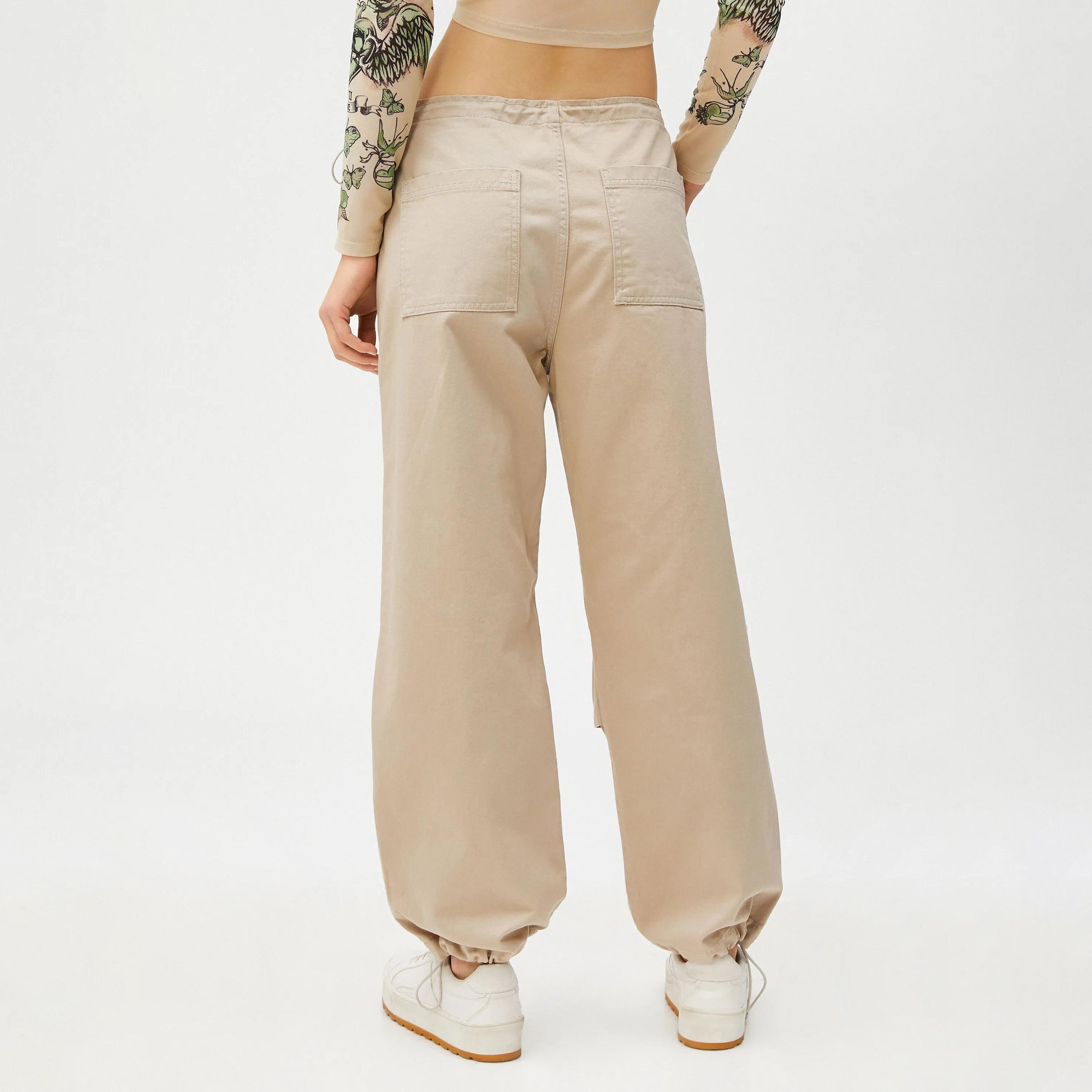 KOTON Beige Cotton Button and Zip Fly Women's Trousers-women-clothing-bottoms-joggers-image-3