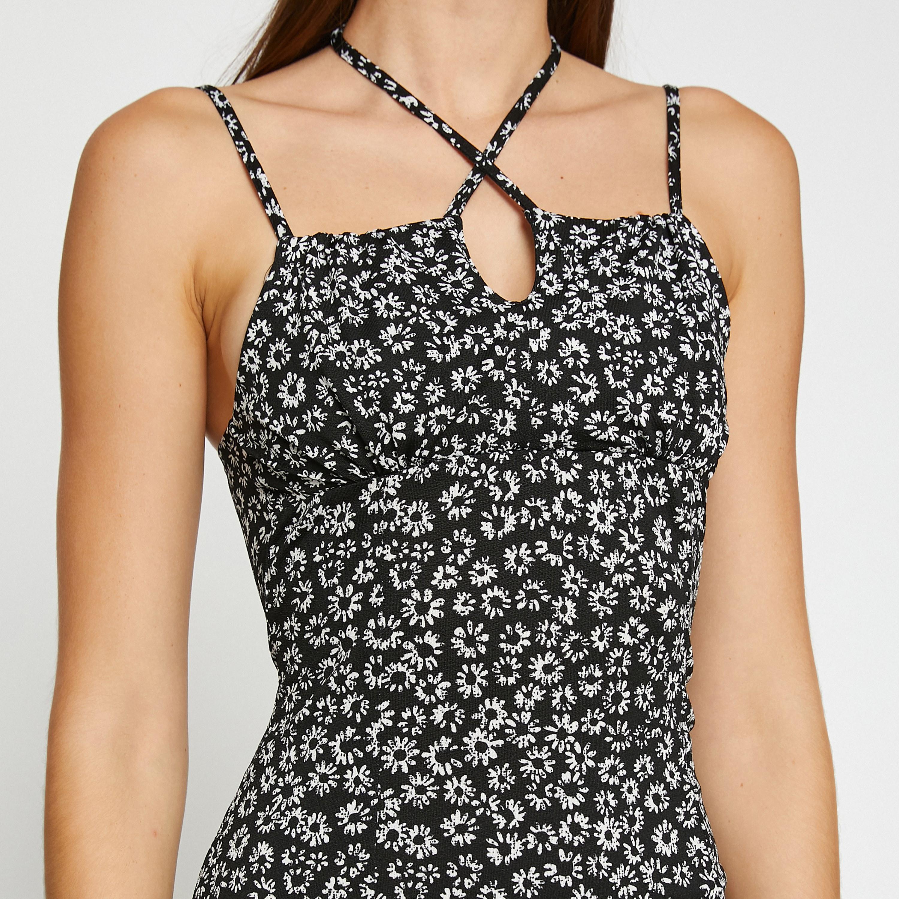 KOTON Black Floral Print Halter Neck Bodycon Women's Mini Dress-women-clothing-dresses-image-5