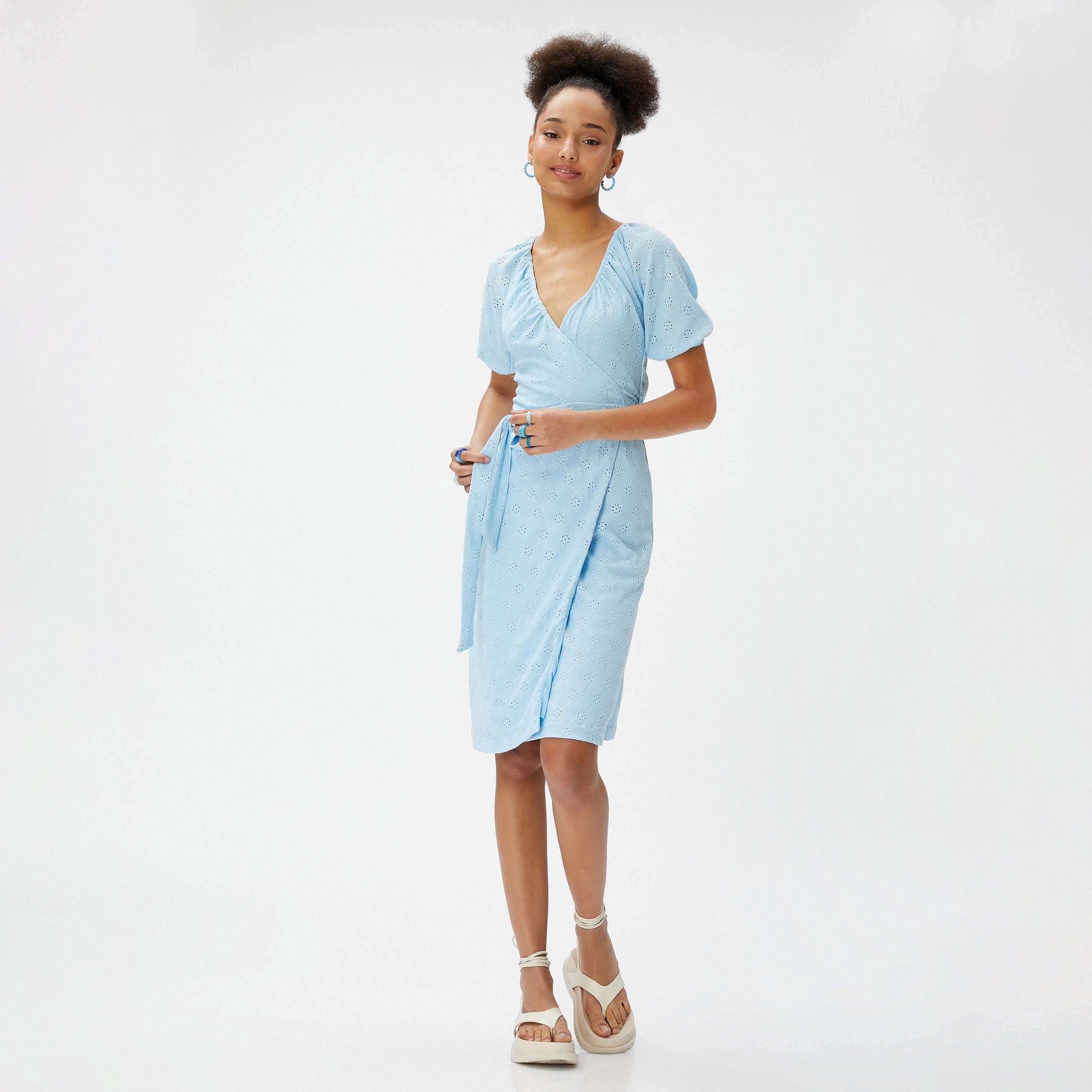 KOTON Light Blue Cutwork Surplice Neck Puff Sleeves Wrap Women's Knee-Length Dress-women-clothing-dresses-image-1
