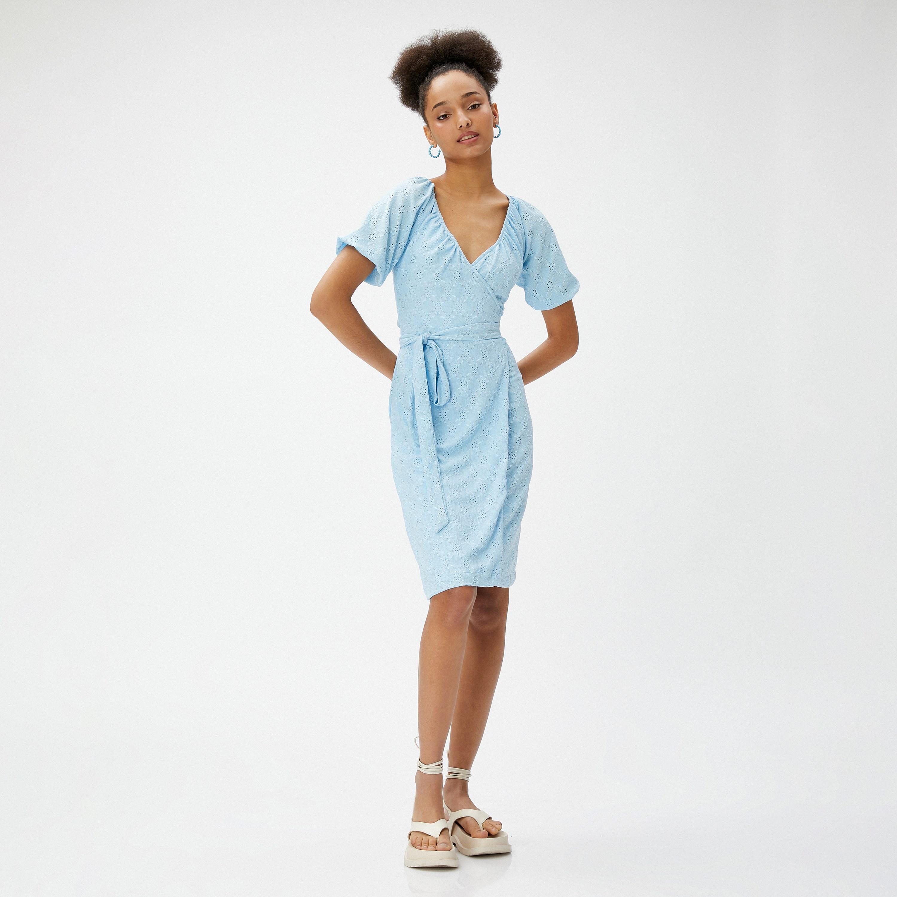 KOTON Light Blue Cutwork Surplice Neck Puff Sleeves Wrap Women's Knee-Length Dress-women-clothing-dresses-image-2