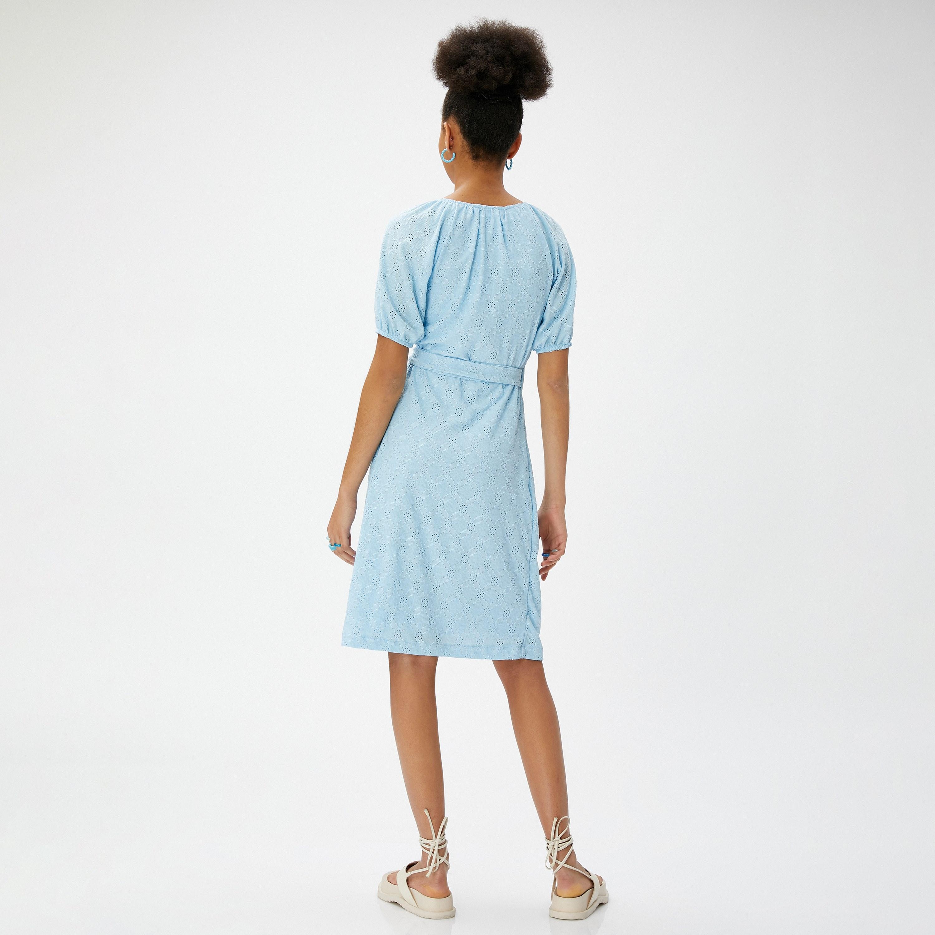 KOTON Light Blue Cutwork Surplice Neck Puff Sleeves Wrap Women's Knee-Length Dress-women-clothing-dresses-image-3