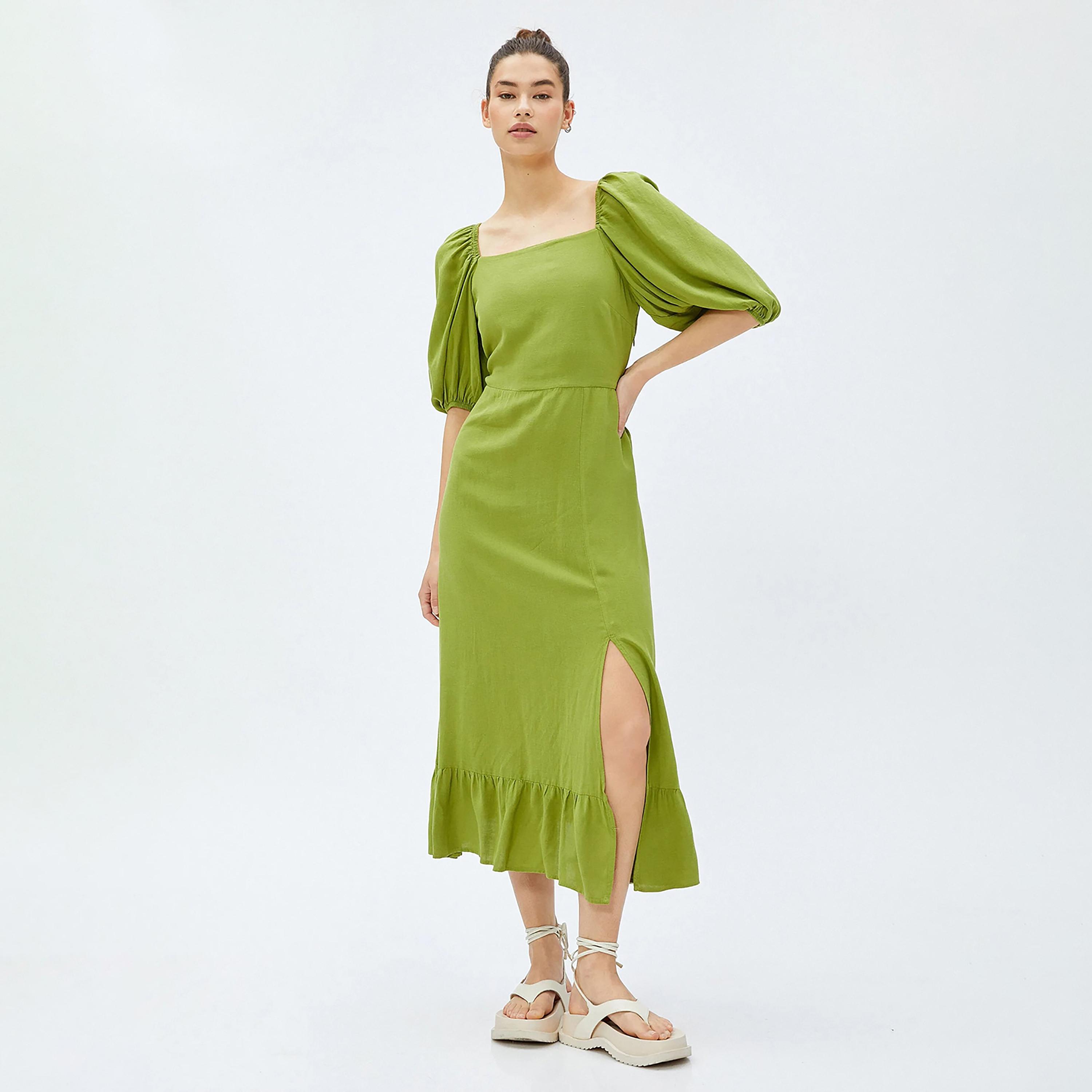 فستان نسائي متوسط الطول بأكمام منتفخة وفتحة رقبة مربعة باللون الأخضر من كوتون-women-clothing-dresses-image-1