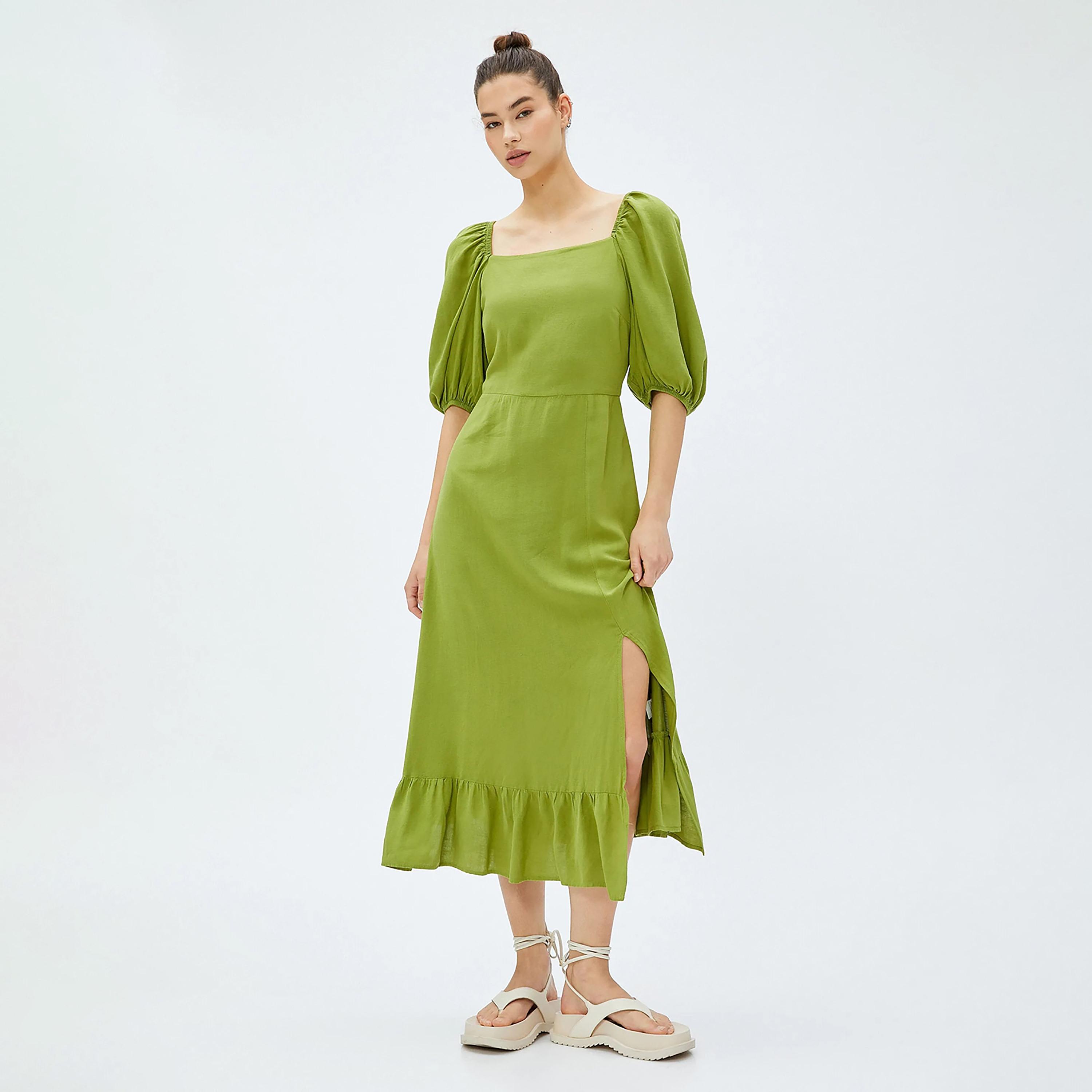 KOTON Green Plain Square Neck Puff Sleeves Slit Women's Midi Dress-women-clothing-dresses-image-2