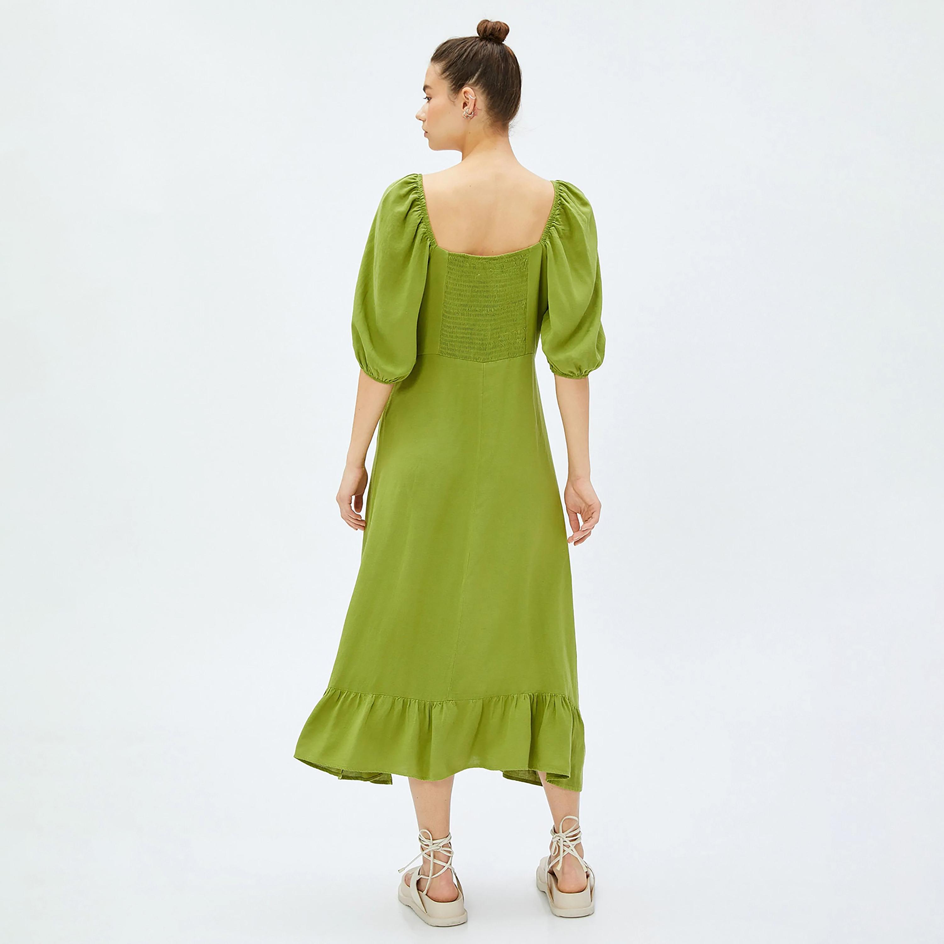 KOTON Green Plain Square Neck Puff Sleeves Slit Women's Midi Dress-women-clothing-dresses-image-3